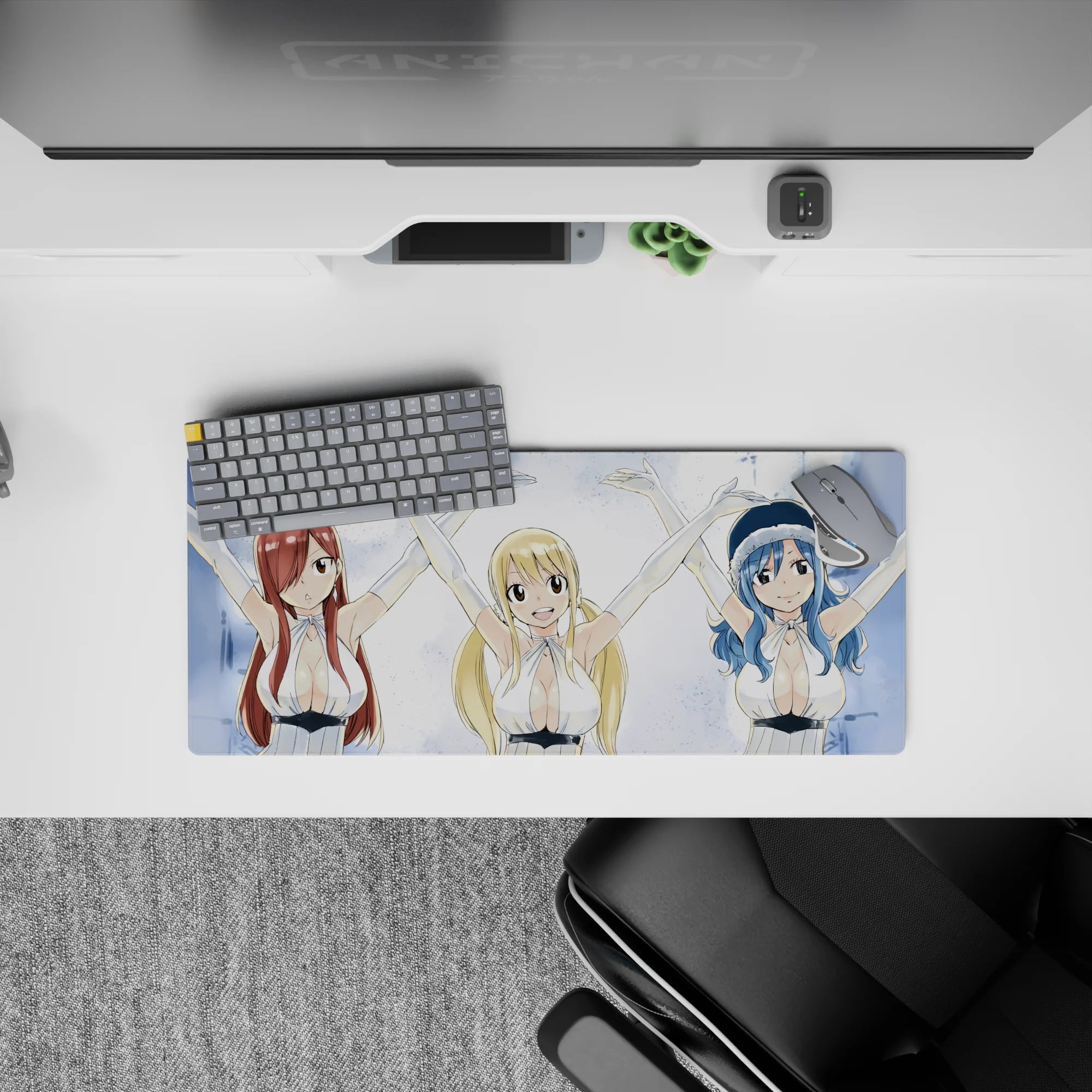 Icy blue and snowy white anime girl mouse pad 28x12 inches, crisp bright glow and cute confident vibe.