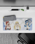 Icy blue and snowy white anime girl mouse pad 28x12 inches, crisp bright glow and cute confident vibe.
