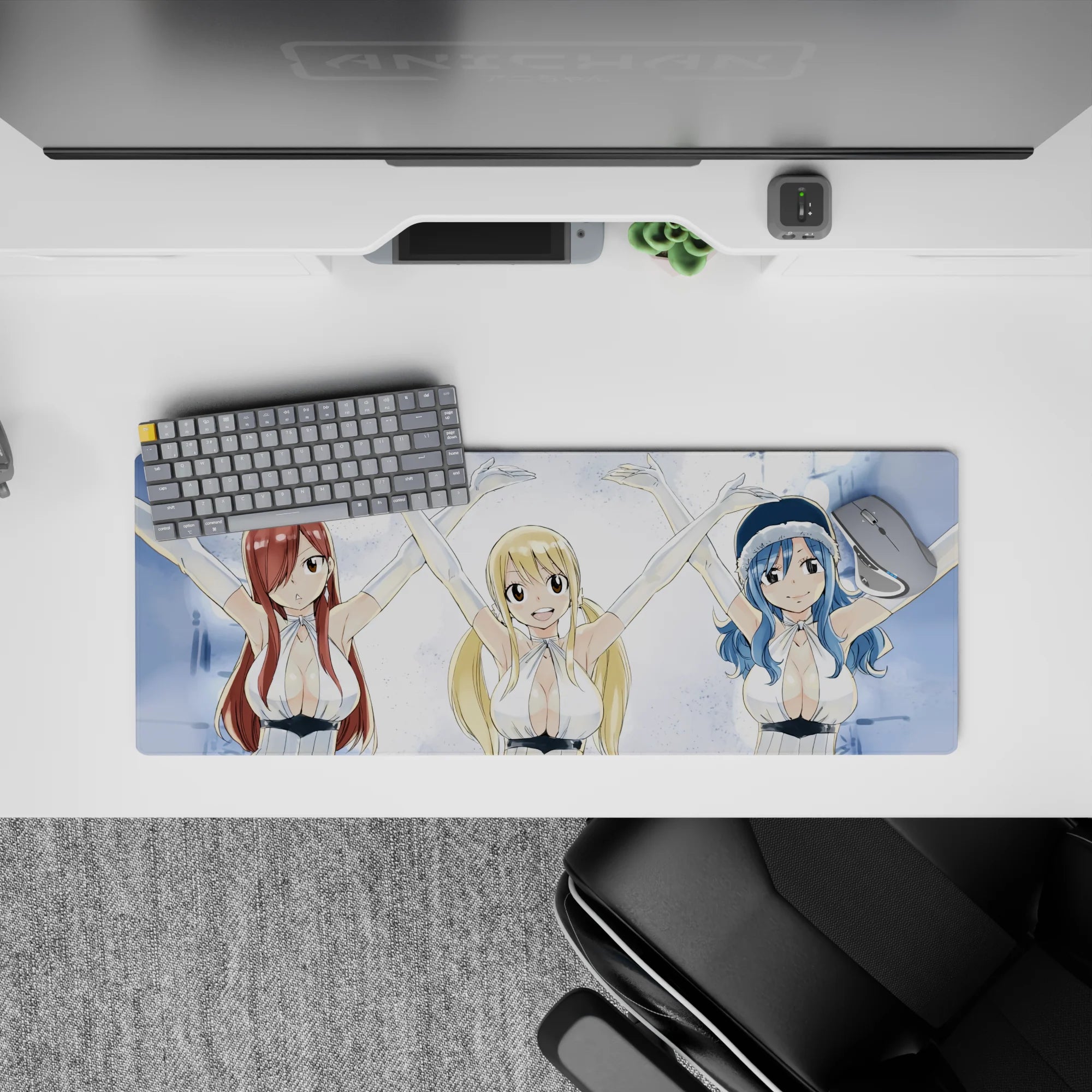 32x12 inches anime desk mouse pad in icy blue and snowy white, crisp bright winter glow, cute vibe.
