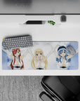 32x12 inches anime desk mouse pad in icy blue and snowy white, crisp bright winter glow, cute vibe.