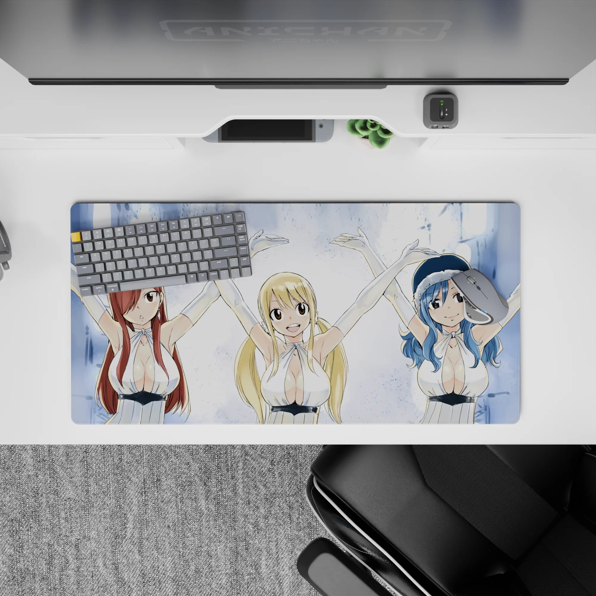 Icy blue and snowy white anime desk mouse pad 32x16 inches with bright, crisp party vibe.