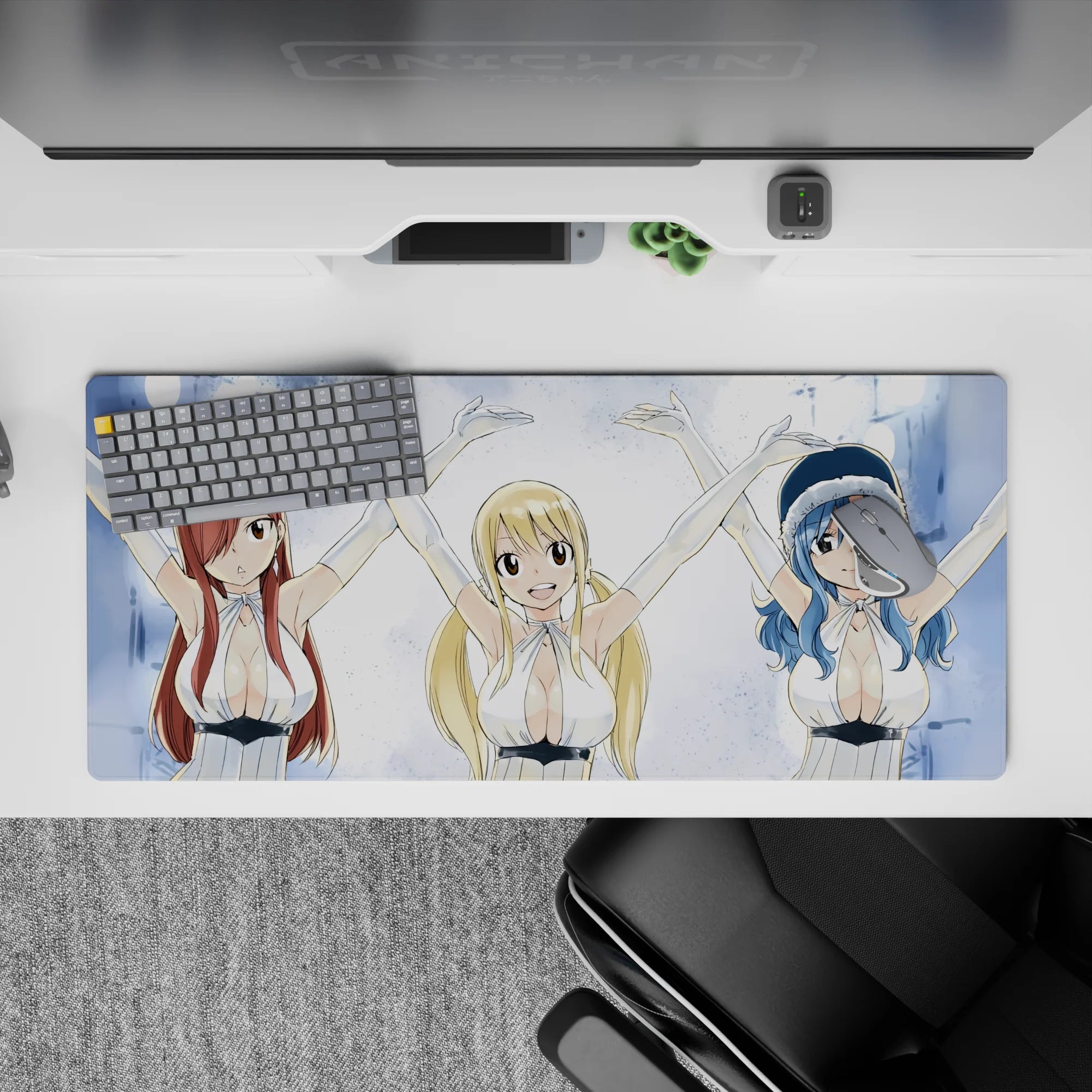 Icy blue and snowy white anime desk pad 36x16 inches, crisp bright party vibe with glossy highlights.