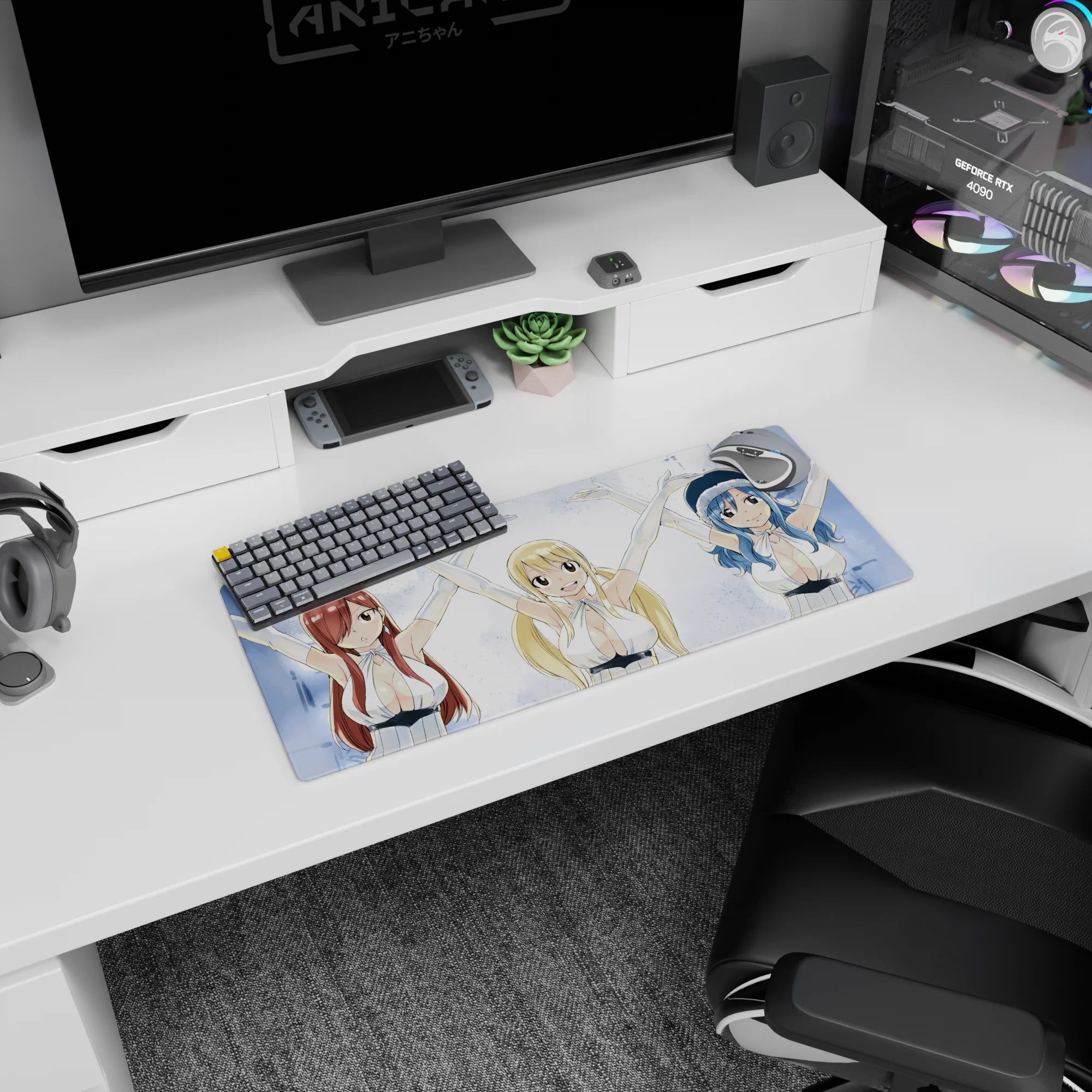 Lucy, Erza, and Juvia cheering with arms up on anime girl mouse pad 28x12 inches, party pose scene.