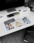 Lucy, Erza, and Juvia cheering with arms up on anime girl mouse pad 28x12 inches, party pose scene.