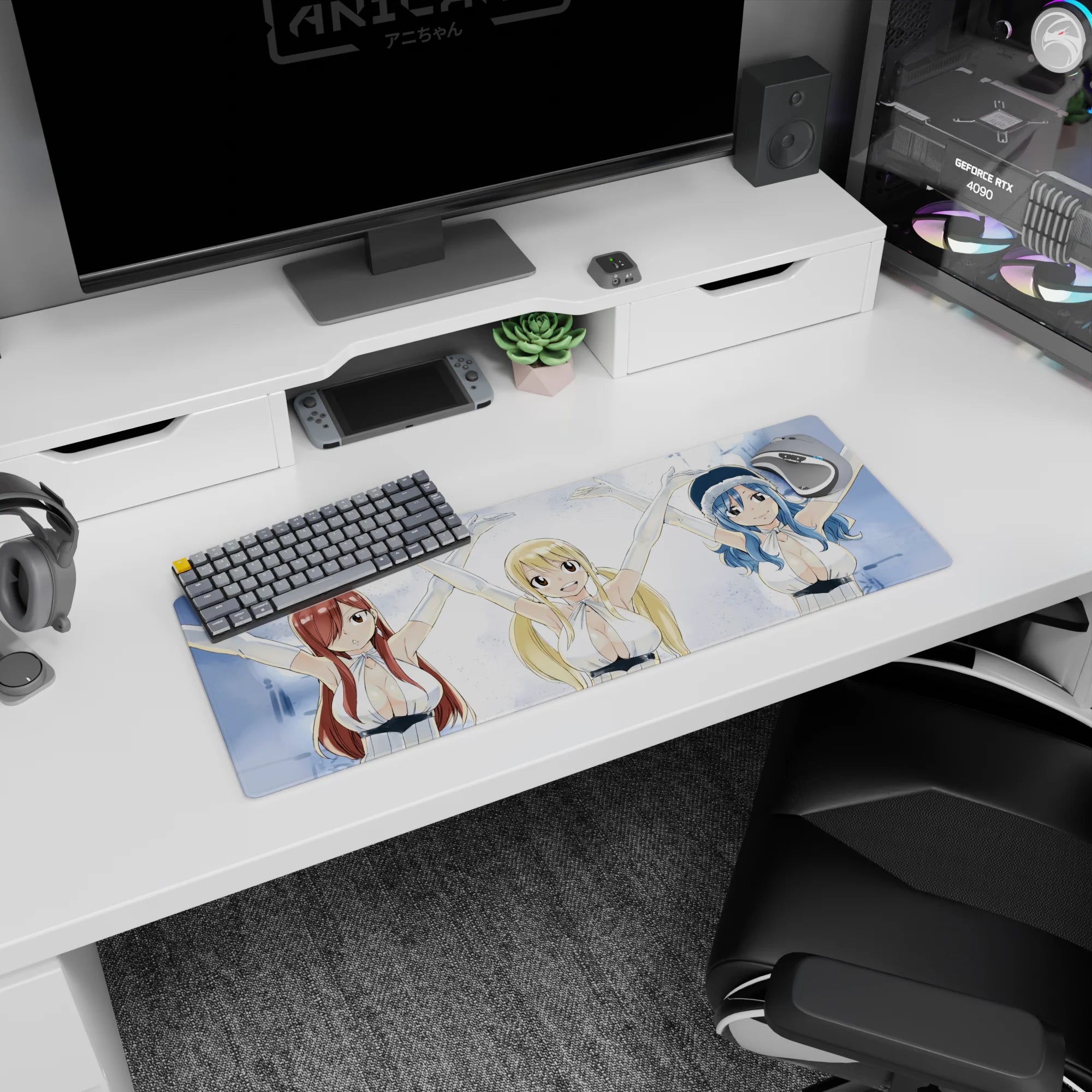 32x12 inches Fairy Tail mouse pad showing Lucy, Erza and Juvia cheering with arms up, glossy highlights.