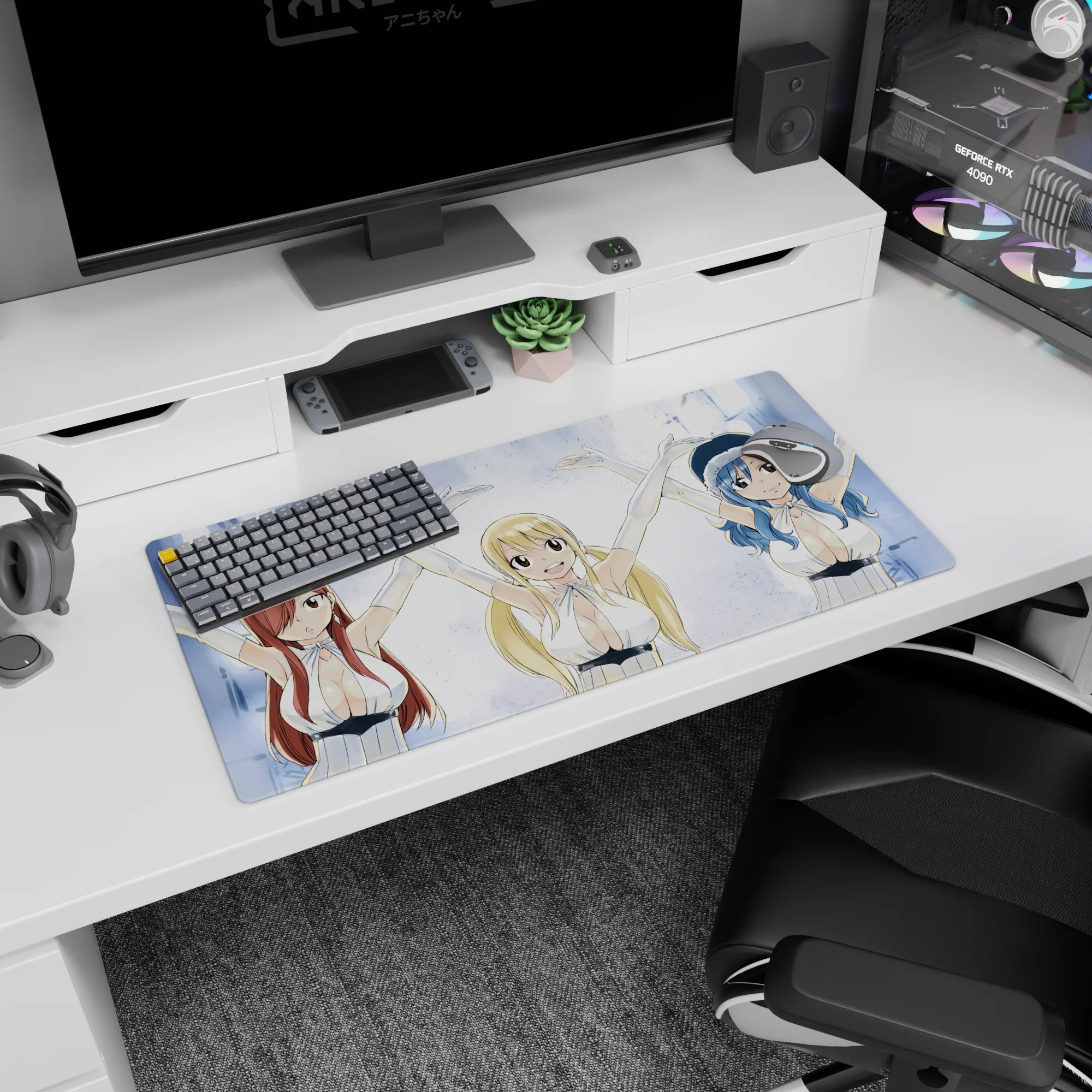 Lucy, Erza and Juvia throwing arms up on anime mouse pad 32x16 inches, glossy white outfits.