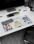 Lucy, Erza and Juvia throwing arms up on anime mouse pad 32x16 inches, glossy white outfits.