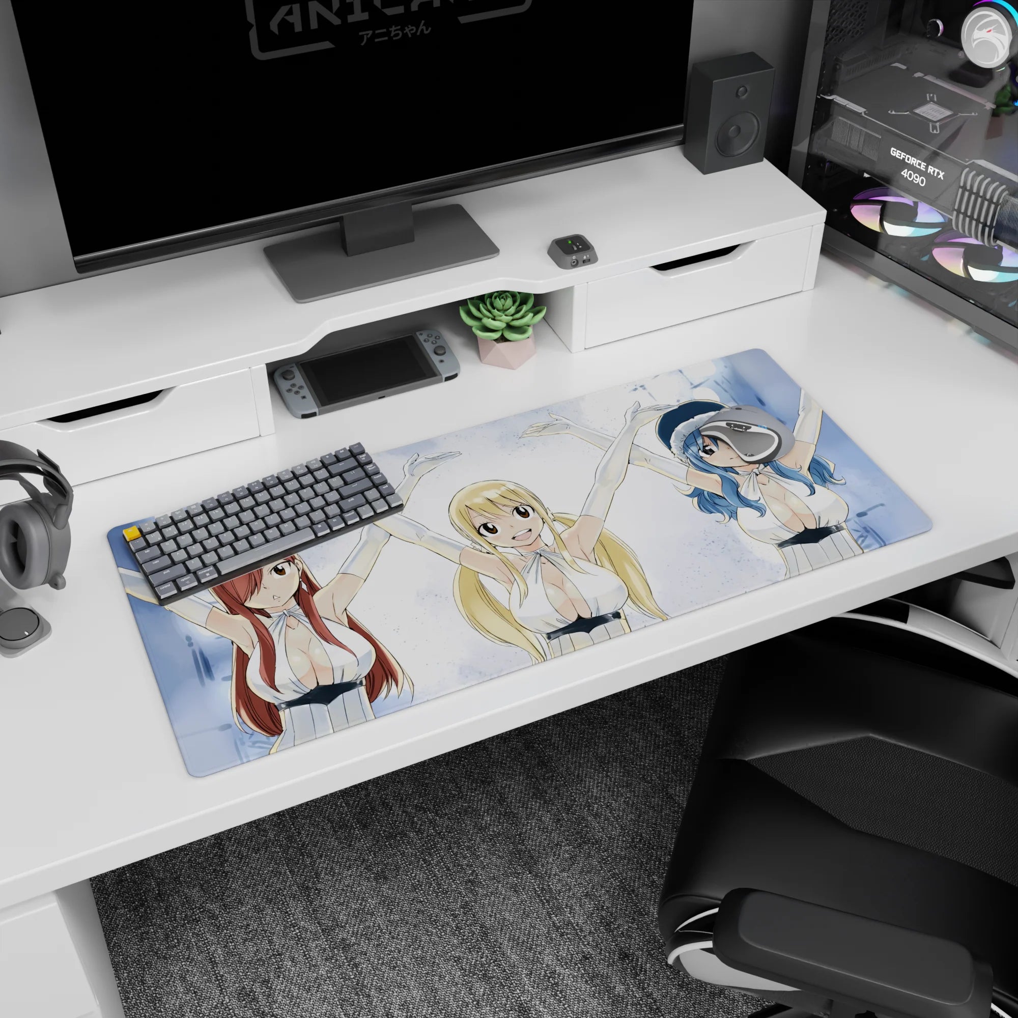 Lucy, Erza and Juvia arms raised like a party on anime girl desk pad 36x16 inches, cute desk decor.