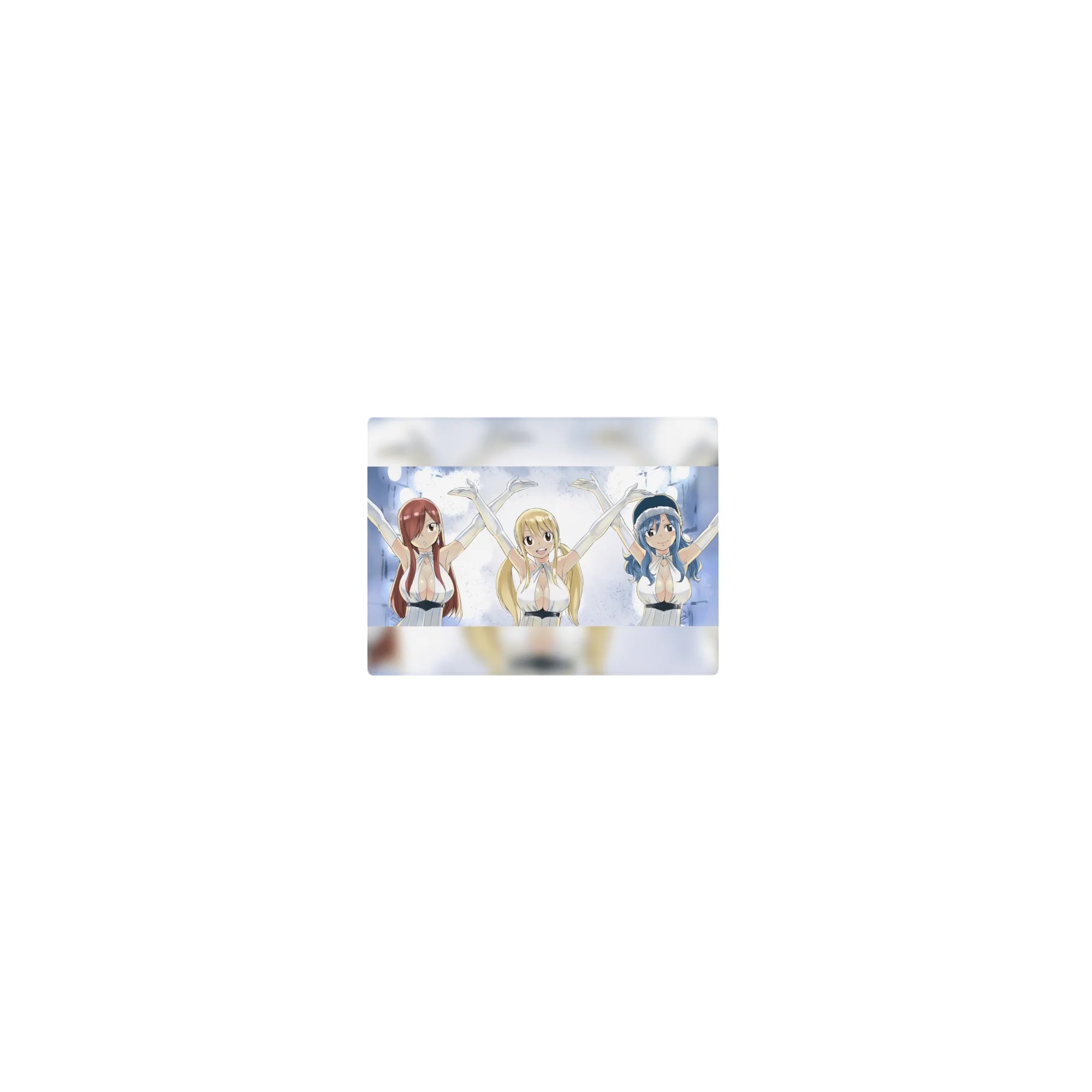 Fairy Tail anime girl mouse pad, Lucy Erza and Juvia in white halter outfits, 14x10 inches.
