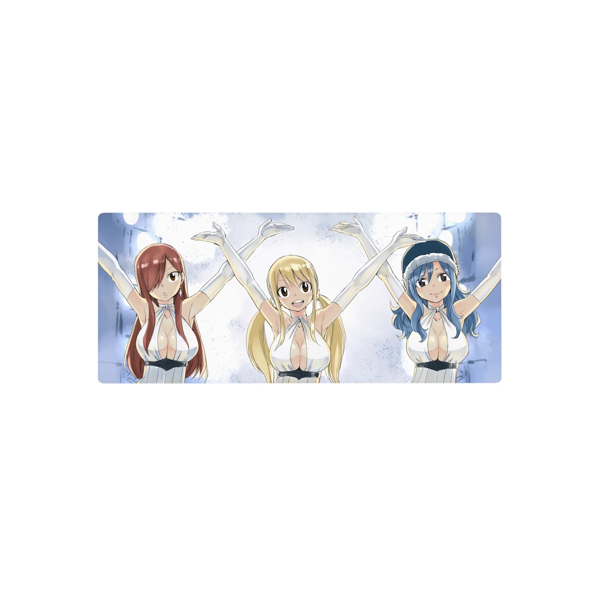 Fairy Tail anime girl mouse pad 28x12 inches with Lucy, Erza &amp; Juvia in white halter outfits.