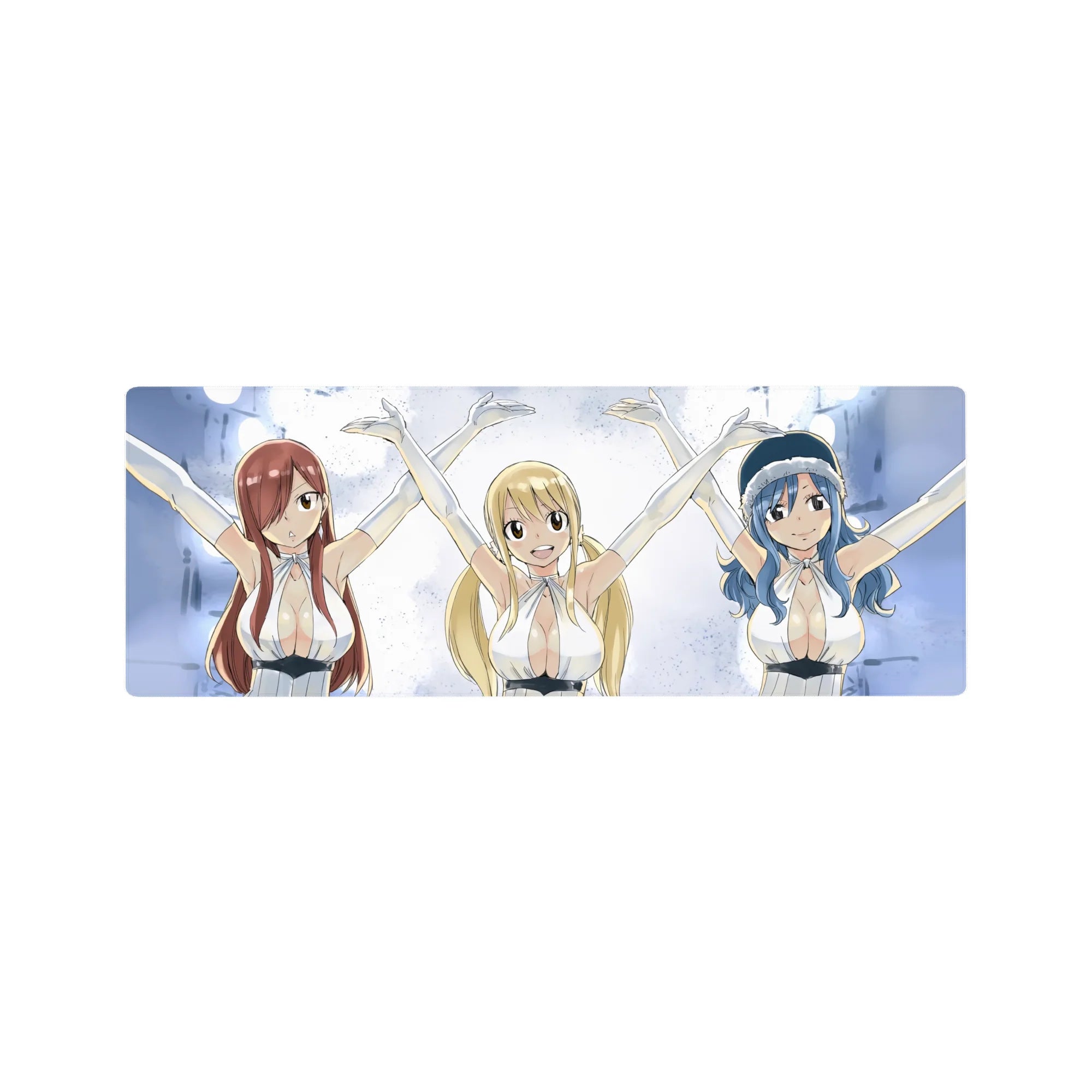 32x12 inches anime girl mouse pad with Lucy, Erza and Juvia in white halter outfits, arms raised.