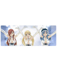 32x12 inches anime girl mouse pad with Lucy, Erza and Juvia in white halter outfits, arms raised.