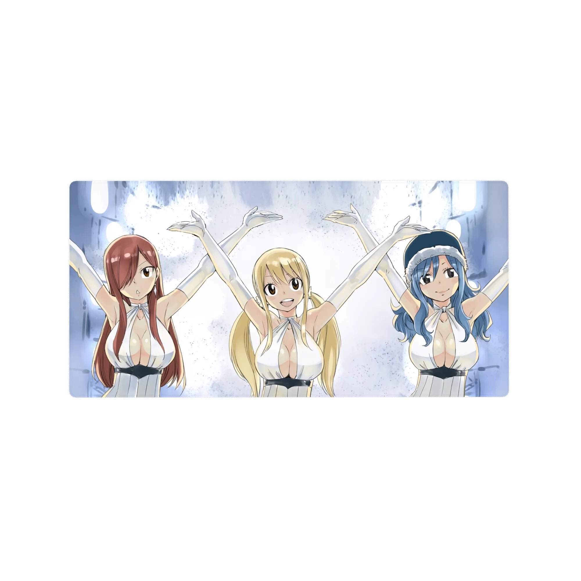 Fairy Tail anime girl mouse pad 32x16 inches with Lucy, Erza and Juvia in white halter outfits.
