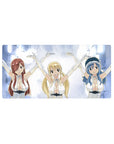 Fairy Tail anime girl mouse pad 32x16 inches with Lucy, Erza and Juvia in white halter outfits.