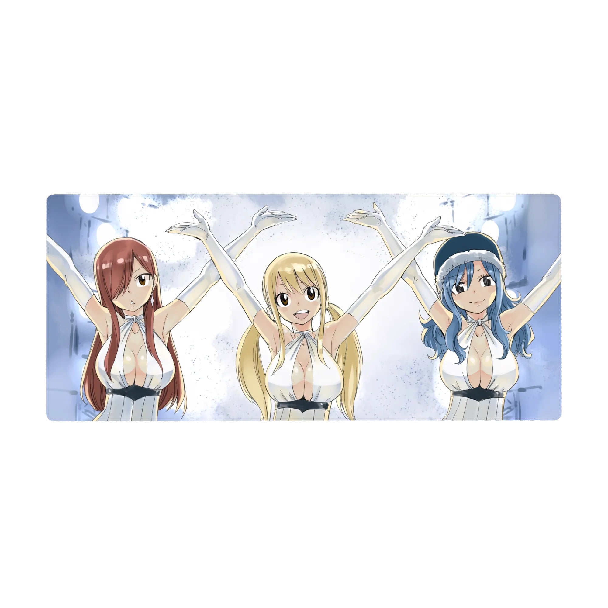 Fairy Tail anime girl desk pad 36x16 inches with Lucy, Erza and Juvia in white halter outfits.