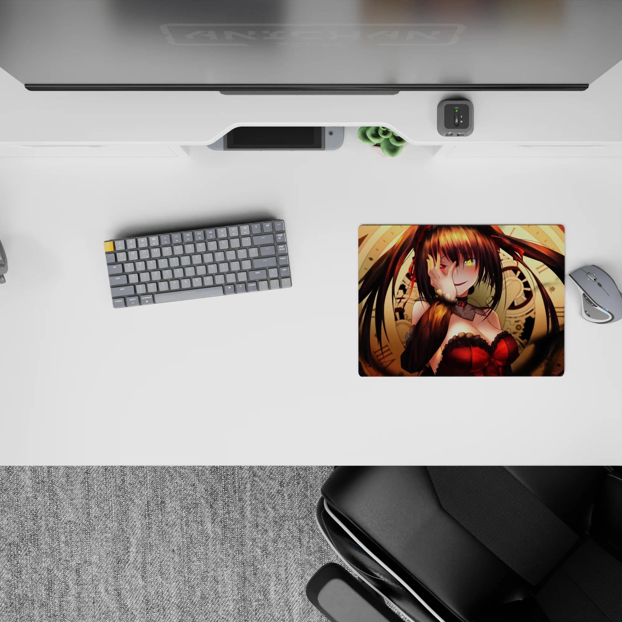 Gold clockwork glow anime girl mouse pad 14x10 inches, deep shadows, punchy red gothic vibe.