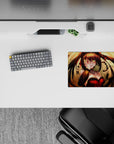 Gold clockwork glow anime girl mouse pad 14x10 inches, deep shadows, punchy red gothic vibe.