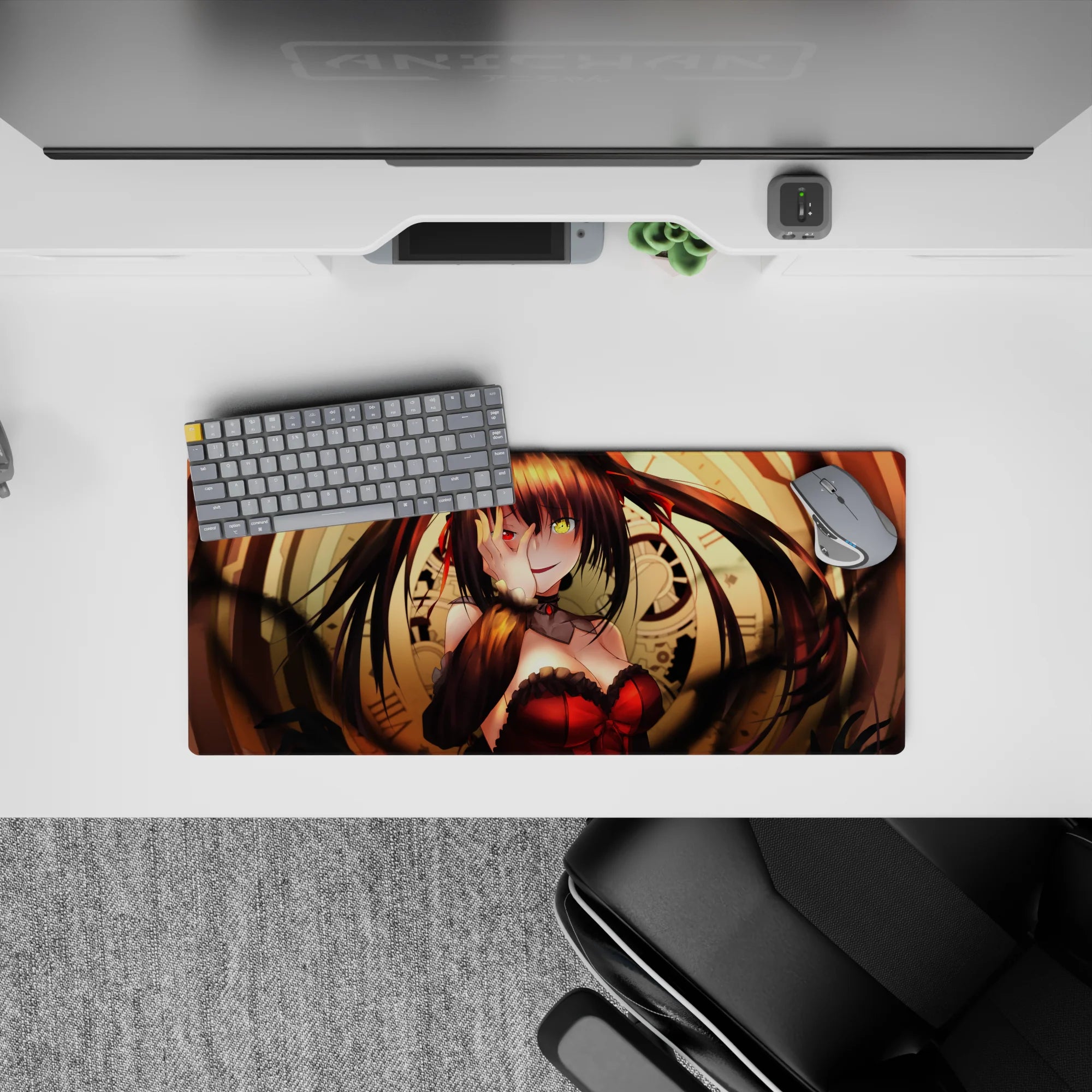 28x12 inches anime mouse pad in warm gold clockwork tones, deep shadows, and punchy red accents.
