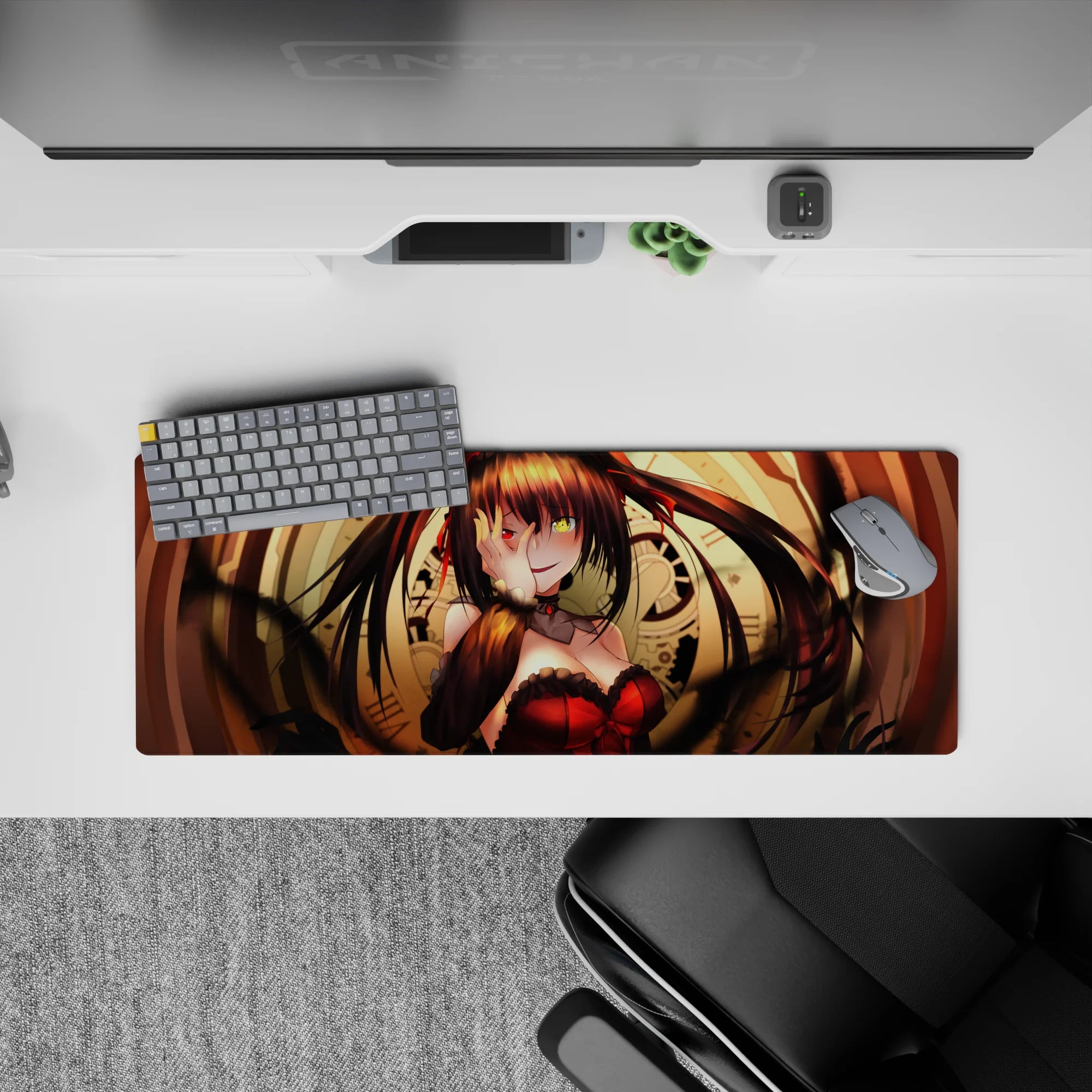 32x12 inches anime desk mouse pad in warm golds and deep shadows, with a punchy candy-red corset vibe.