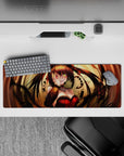 32x12 inches anime desk mouse pad in warm golds and deep shadows, with a punchy candy-red corset vibe.
