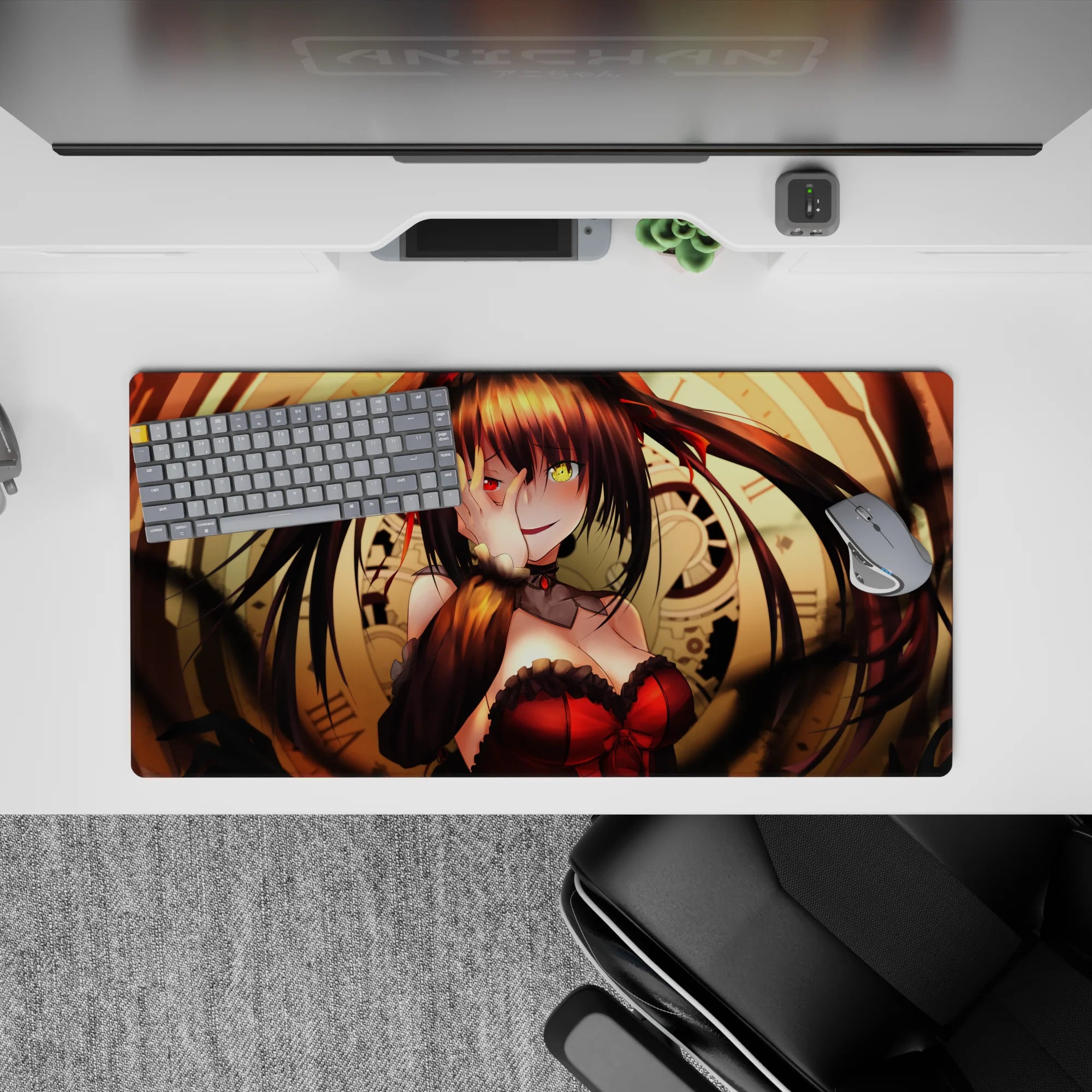 32x16 inches anime desk mat in warm gold and deep shadows with a punchy red corset, daring vibe.