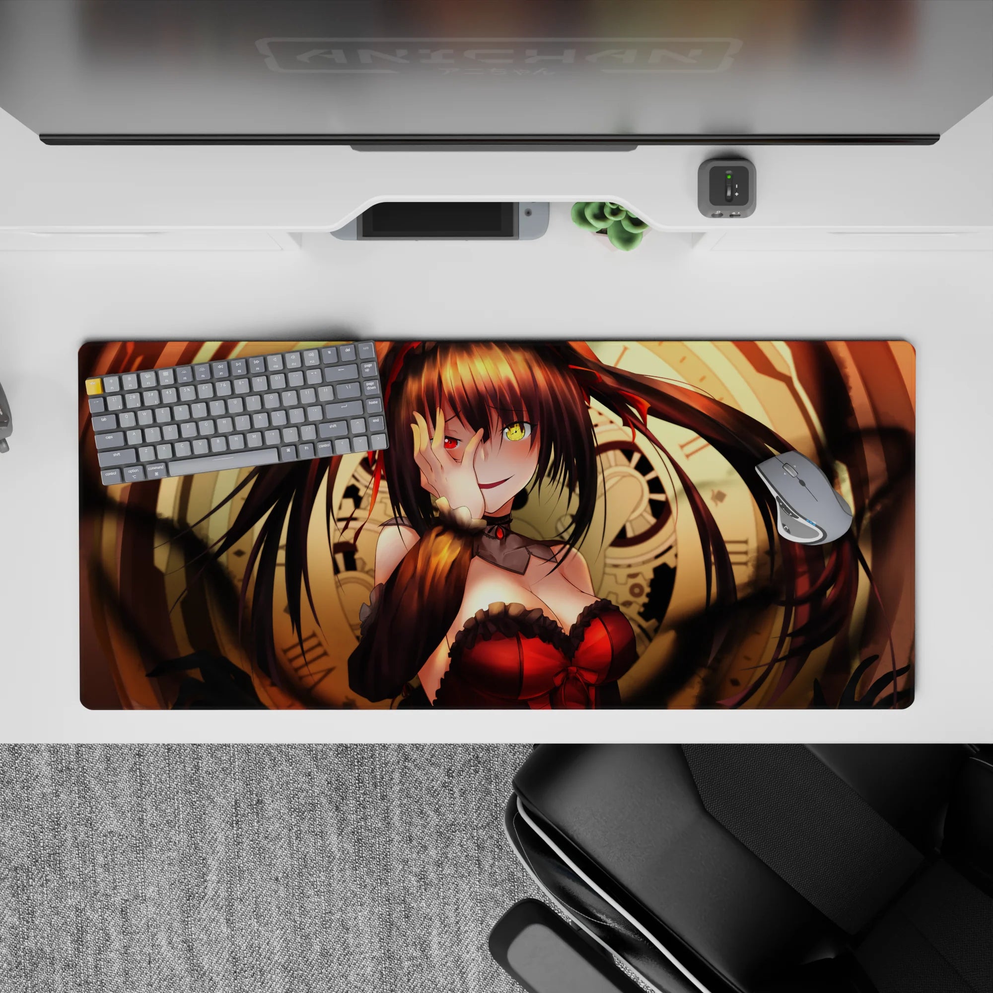 Anime girl desk pad 36x16 inches in warm gold clockwork tones, deep shadows, and candy-red accents.