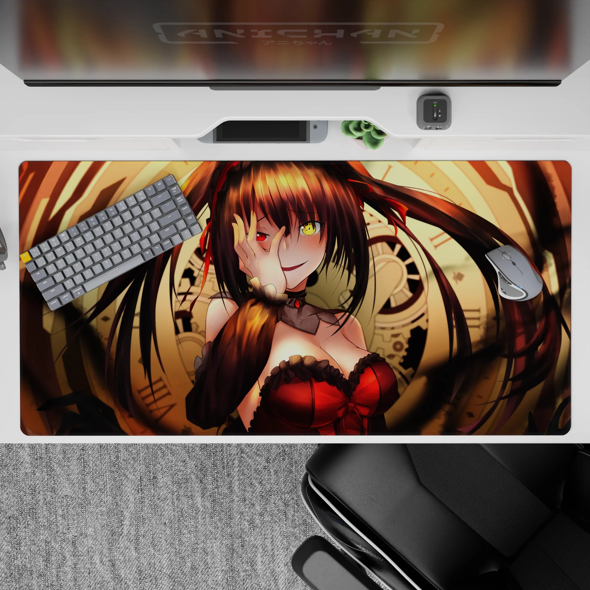 Anime girl desk pad 40x20 inches in warm gold clockwork tones, deep shadows, and bold red accents.