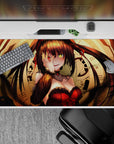 Anime girl desk pad 40x20 inches in warm gold clockwork tones, deep shadows, and bold red accents.