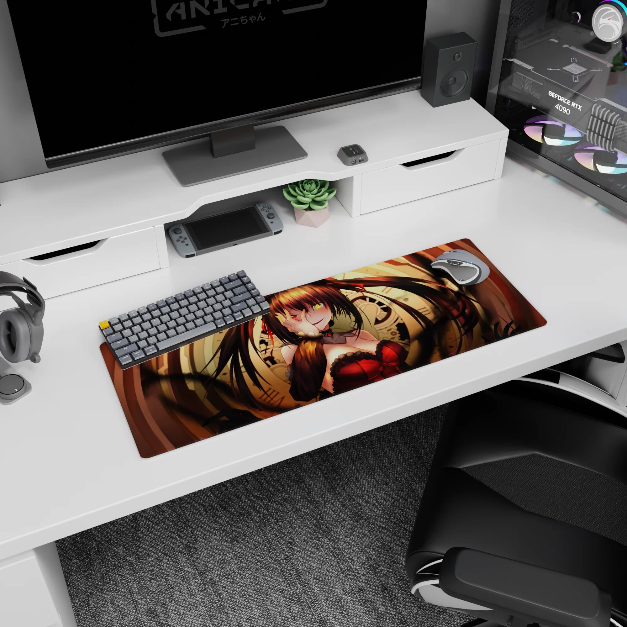 32x12 inches Kurumi Tokisaki Date A Live mouse pad, sly stare and hand-over-eye pose on your desk.