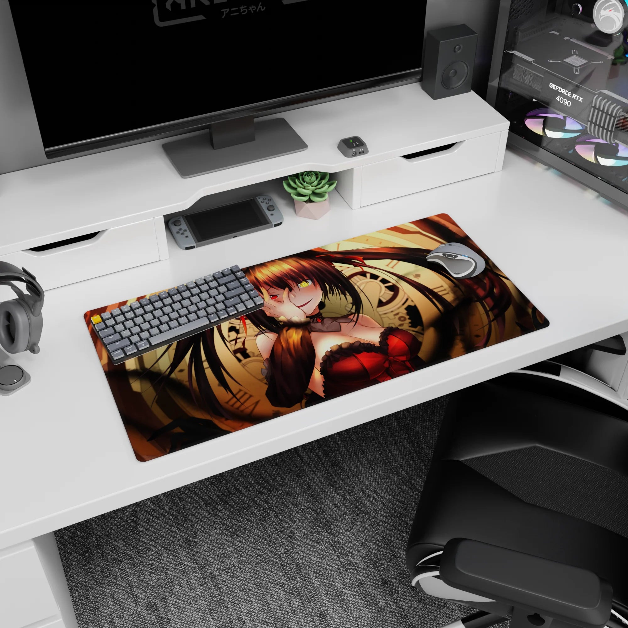 32x16 inches Kurumi Tokisaki Date A Live mouse pad, hand-over-eye pose and sly stare with twin tails.