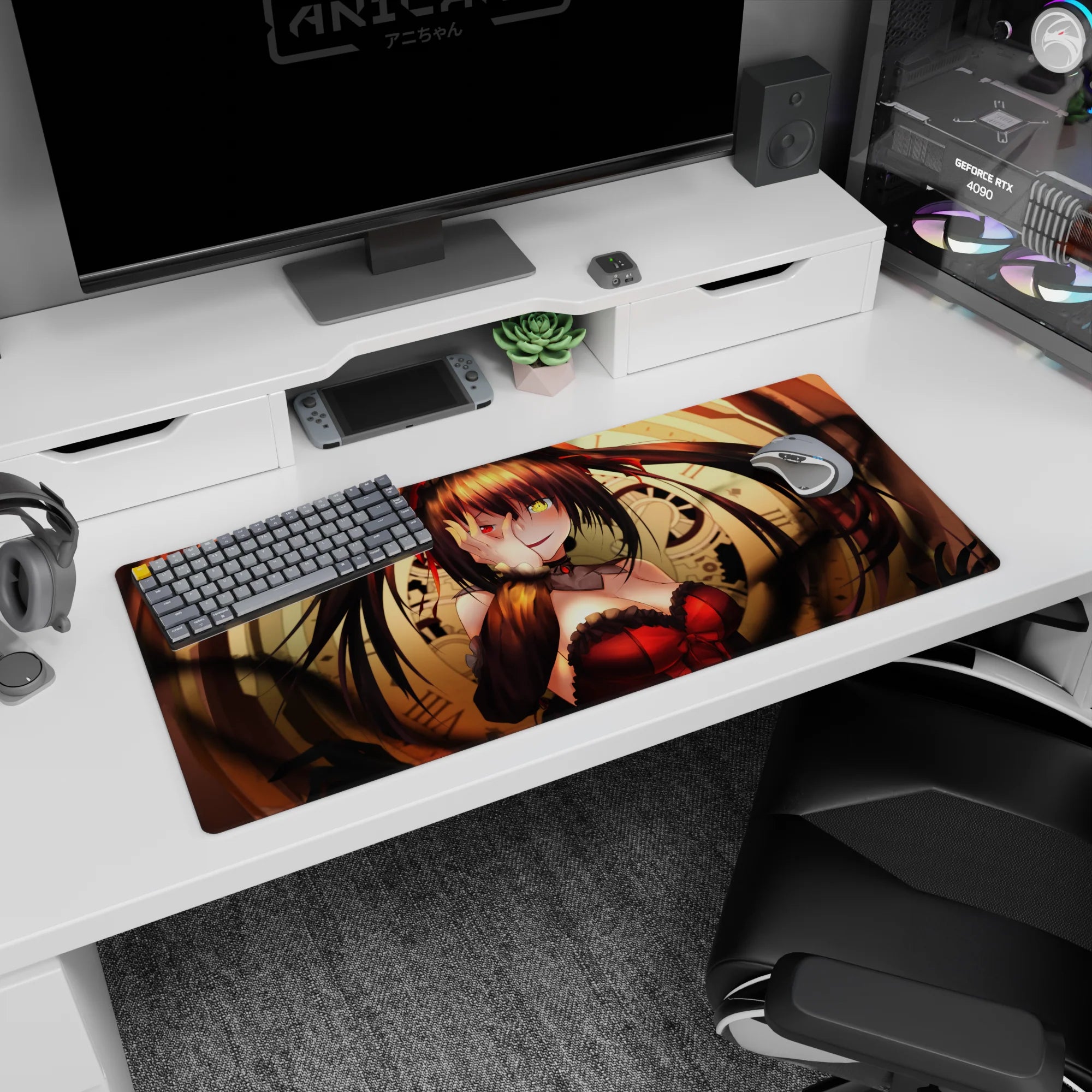 Kurumi Tokisaki Date A Live desk pad 36x16 inches with sly stare and hand-over-eye pose.