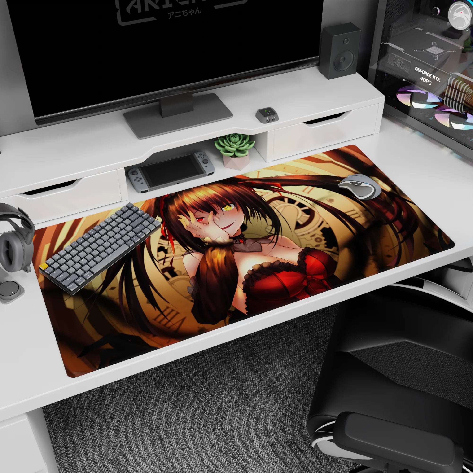 Kurumi Tokisaki Date A Live desk pad 40x20 inches with teasing hand-over-eye pose and twin tails.