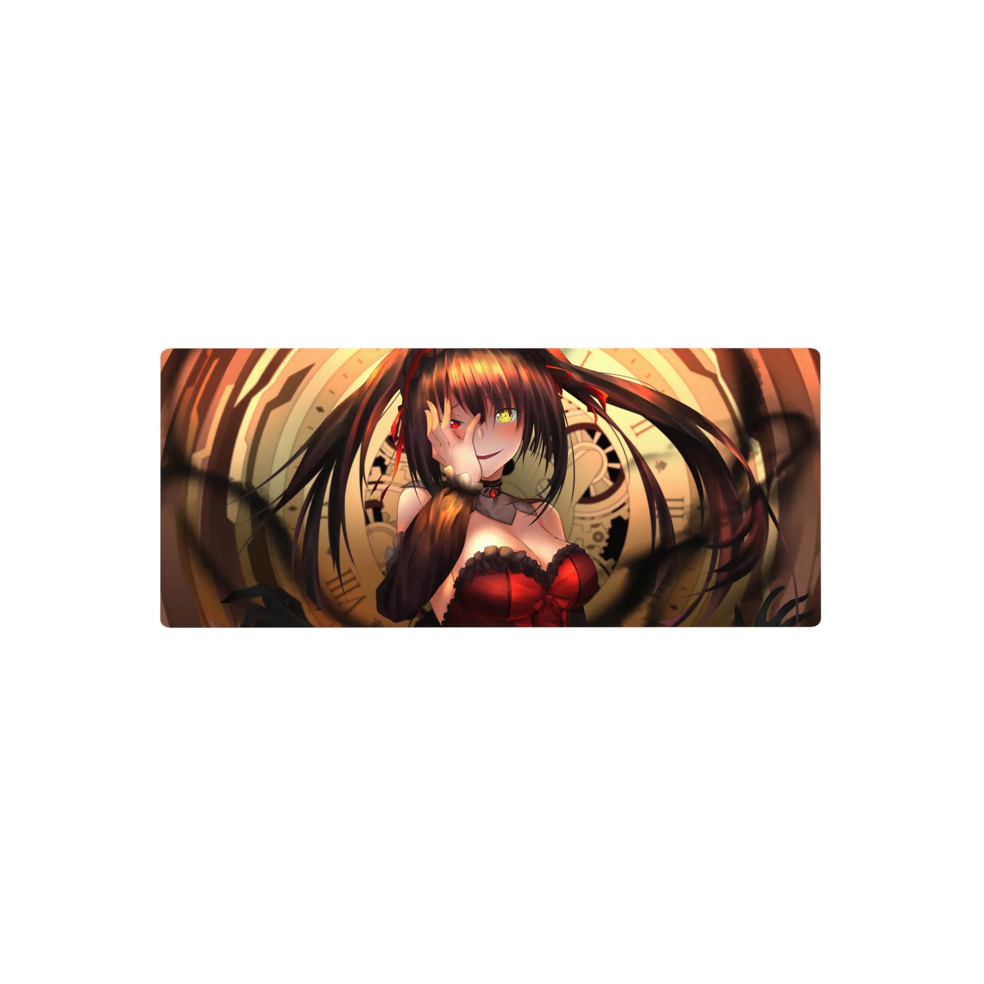 28x12 inches anime girl mouse pad with clockwork rings, twin tails, red corset, and gothic frills.