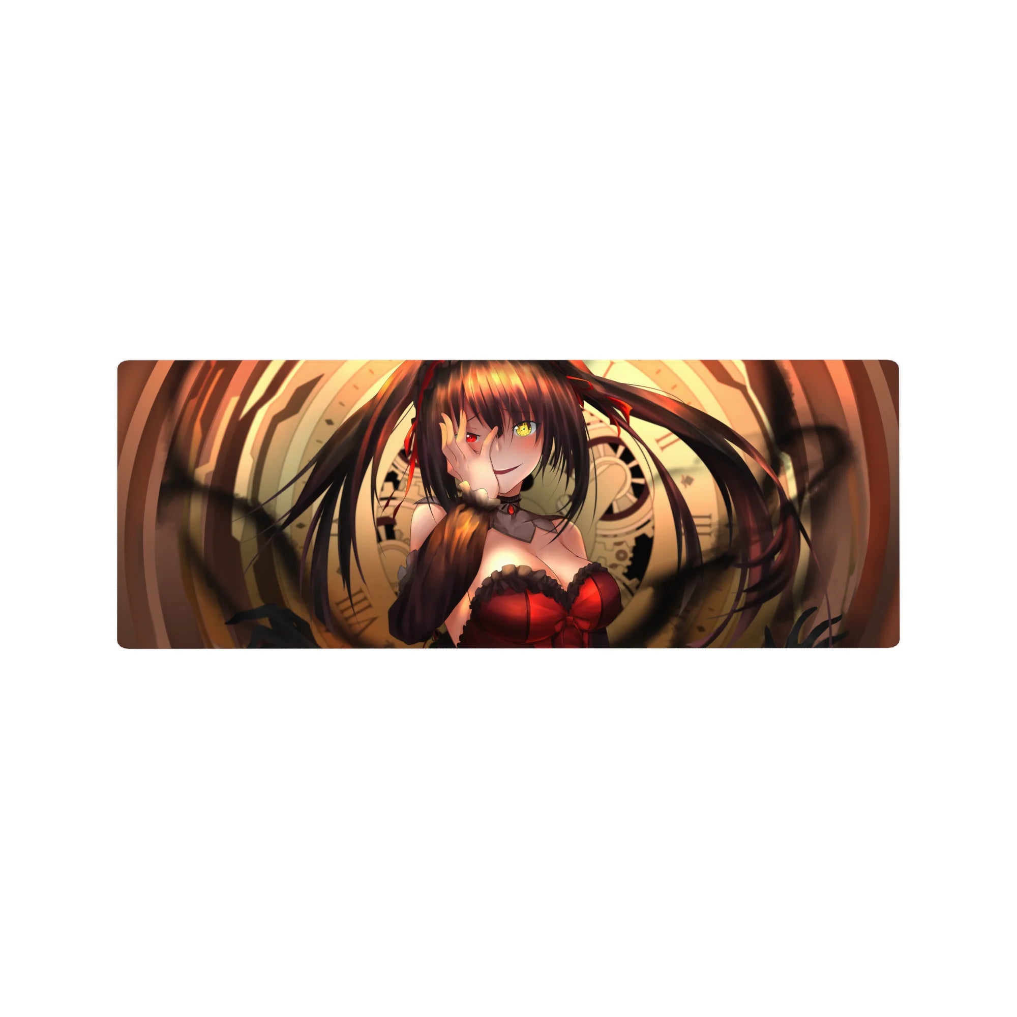 32x12 inches anime girl mouse pad with gold clockwork rings, twin tails, gothic frills, and red corset.