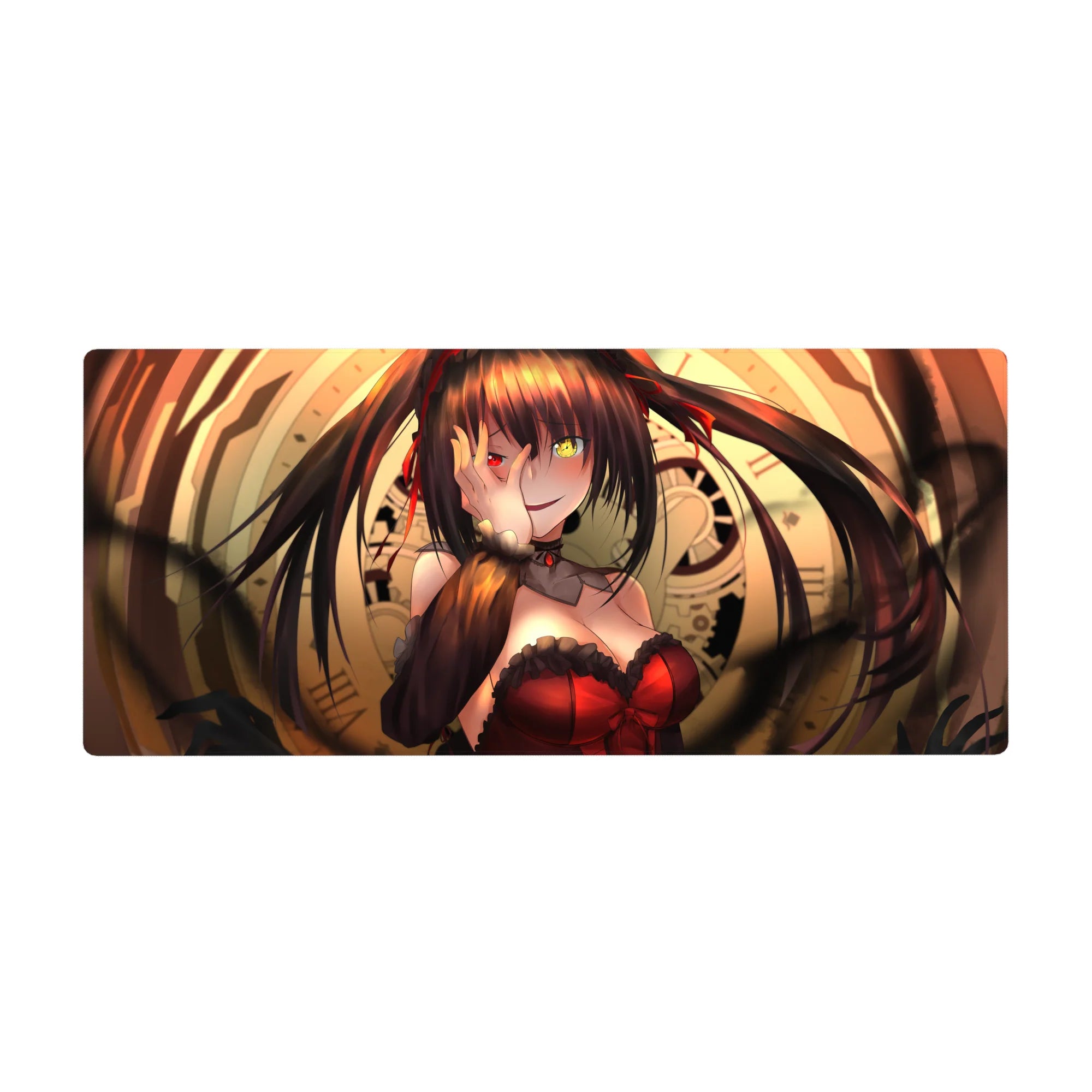 Anime girl desk pad 36x16 inches with gothic twin tails, clockwork ring backdrop, and red corset art.