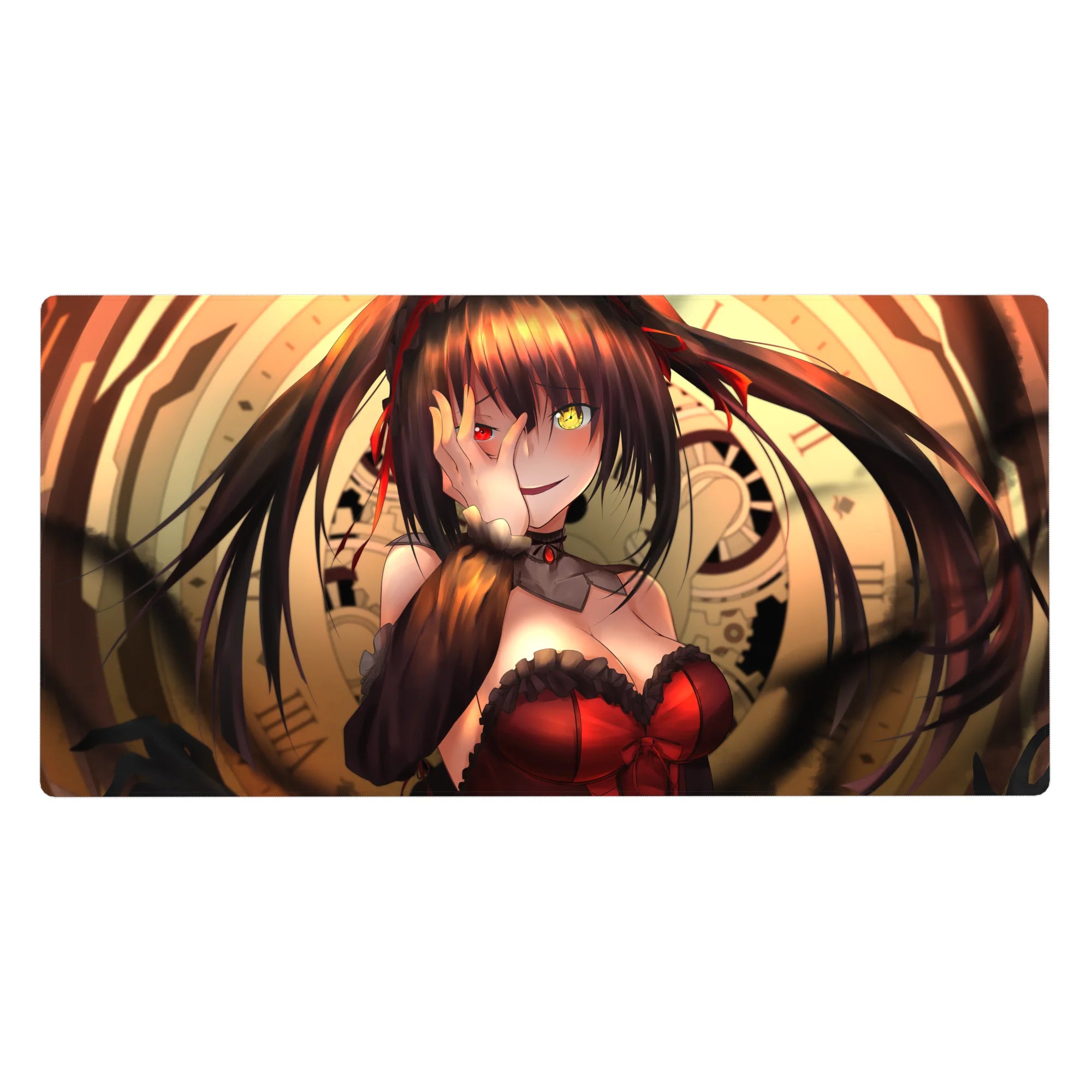 Anime girl desk pad 40x20 inches with gothic twin tails, clockwork rings, and red corset artwork.