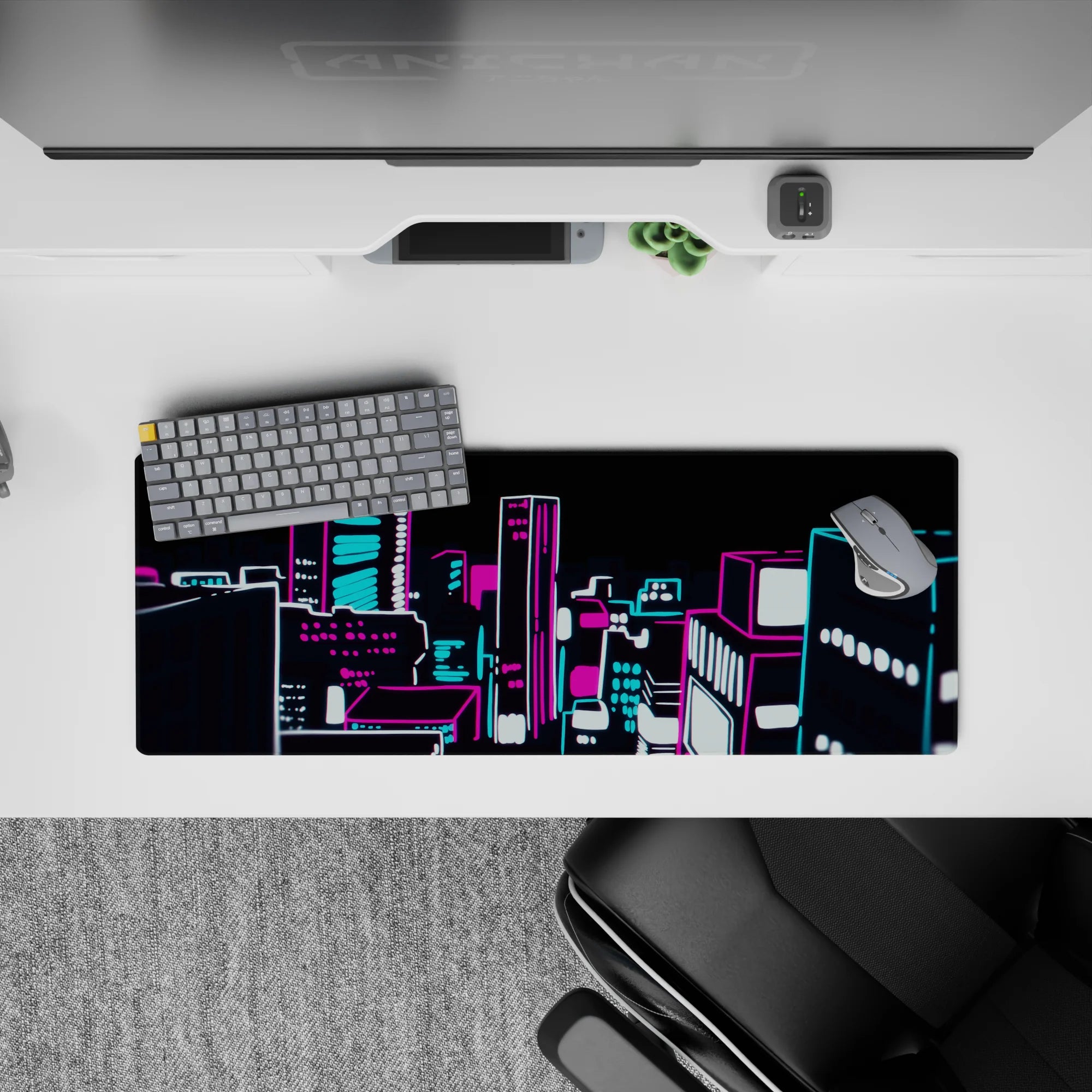 Anime mouse pad 32x12 inches in hot magenta, electric cyan, and crisp white glow for a late-night vibe.