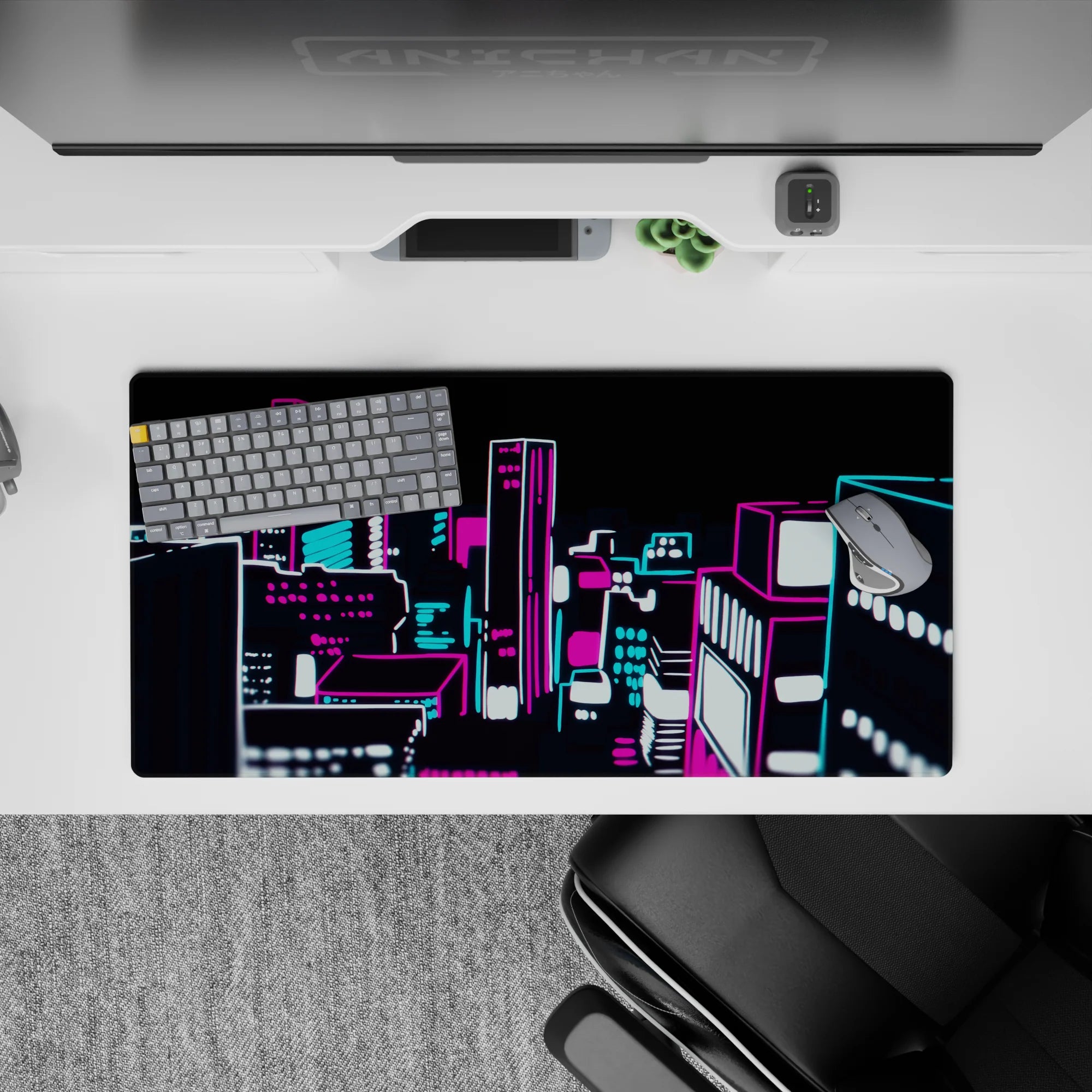 32x16 inches anime mouse pad in hot magenta and electric cyan with crisp white glow, late-night vibe.