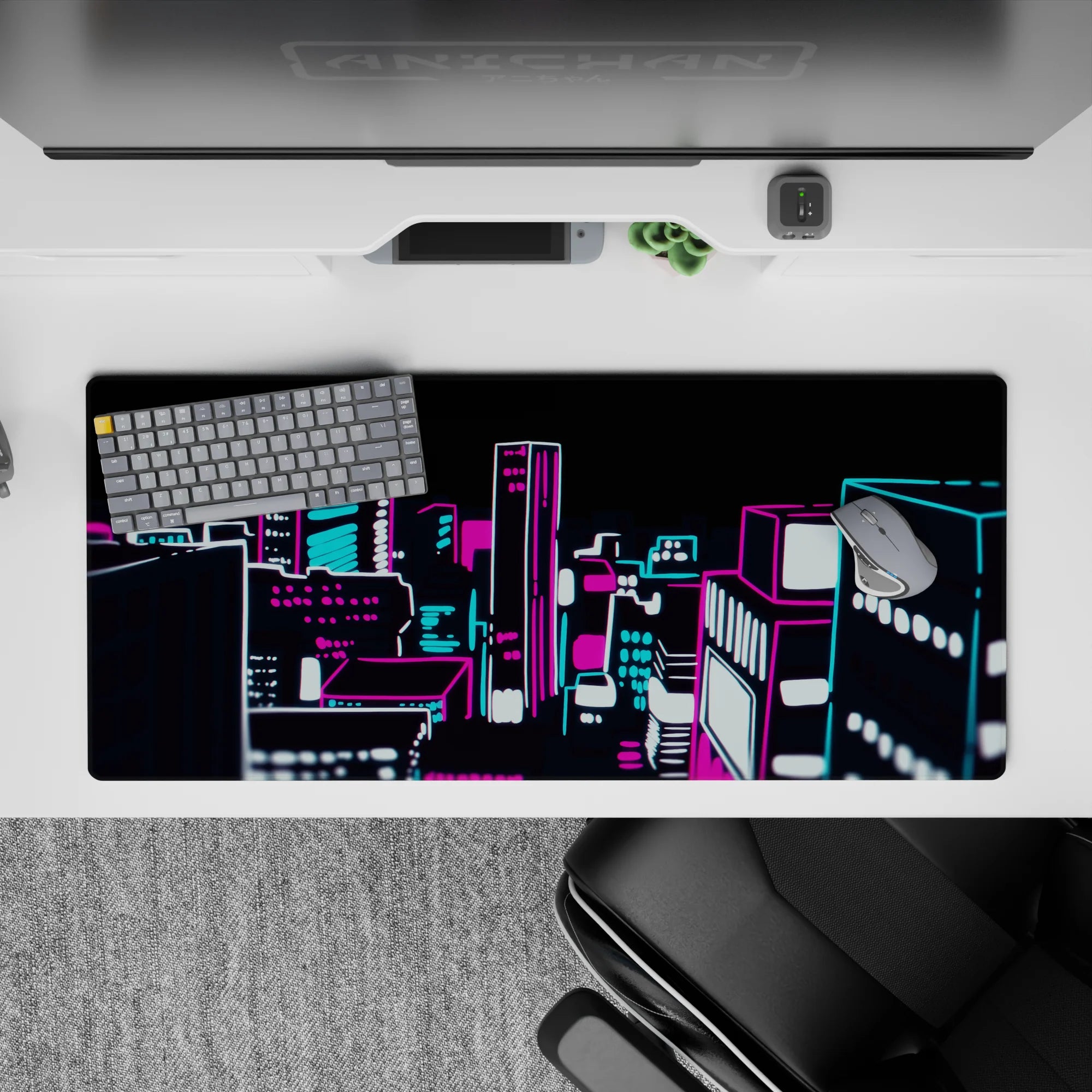 36x16 inches anime desk pad in hot magenta and electric cyan with crisp white glow, late-night vibe.