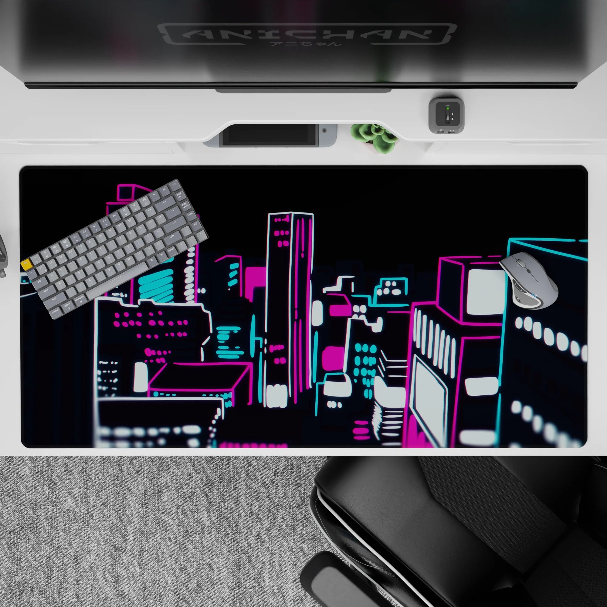 40x20 inches anime desk pad in hot magenta and electric cyan with crisp white glow, late-night cyber mood.