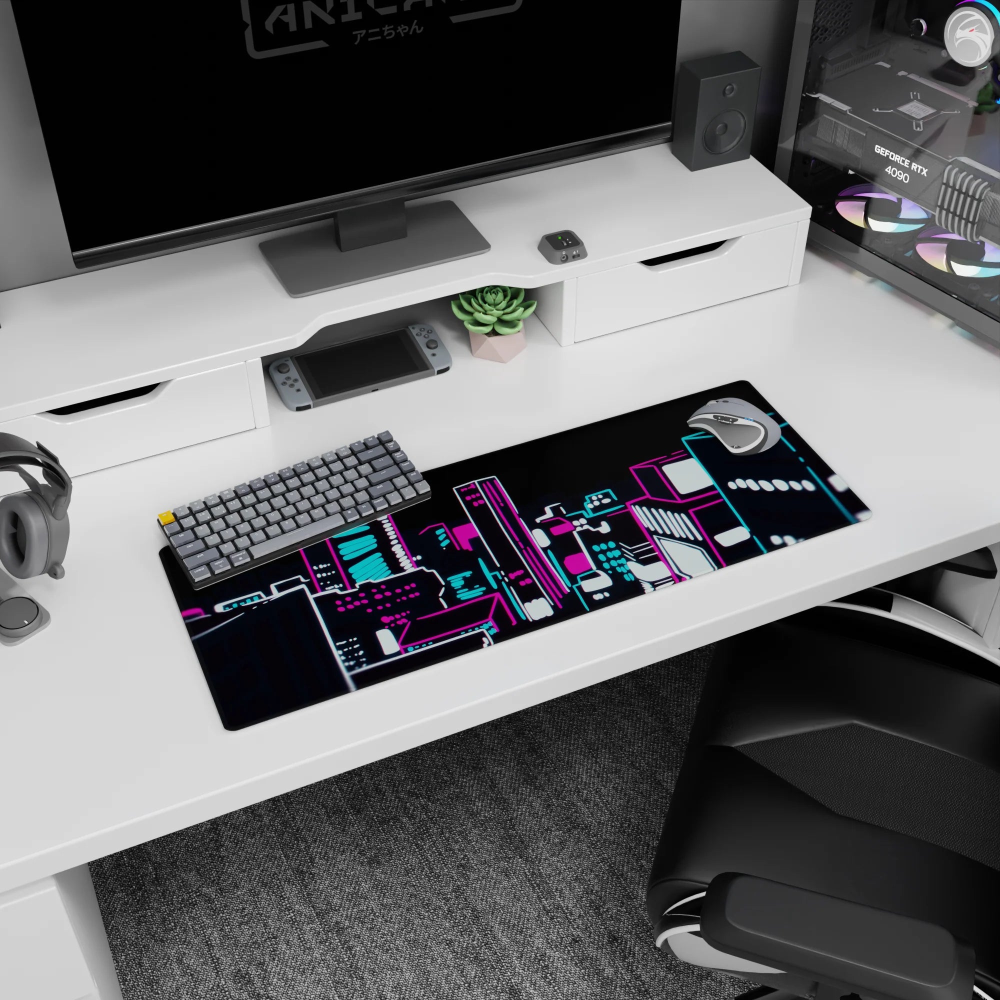 Anime mouse pad 32x12 inches showing a neon cyber city at night, glowing high-rises fading into blur.
