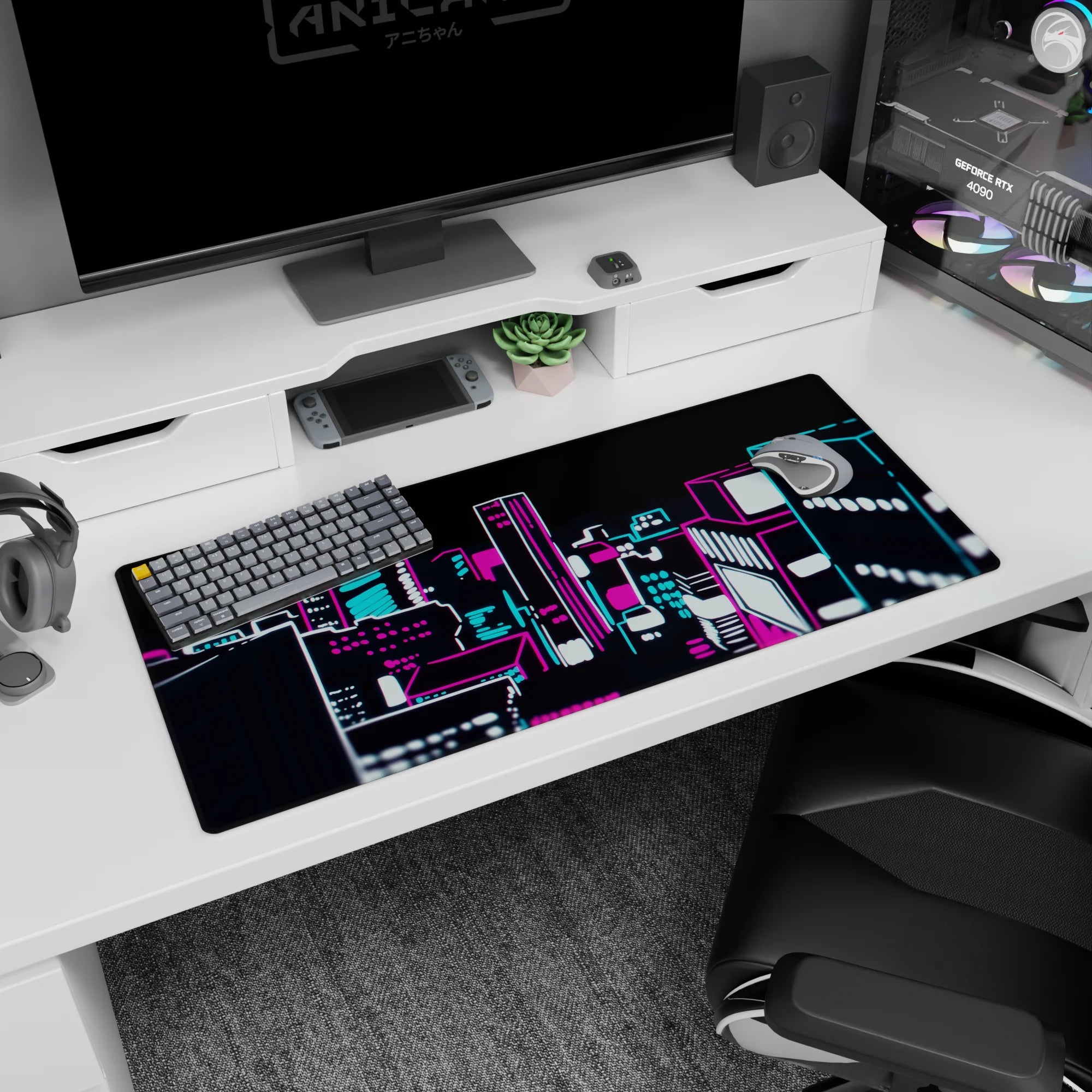 36x16 inches anime desk pad showing a glowing neon skyline spilling across the desk like an anime intro.
