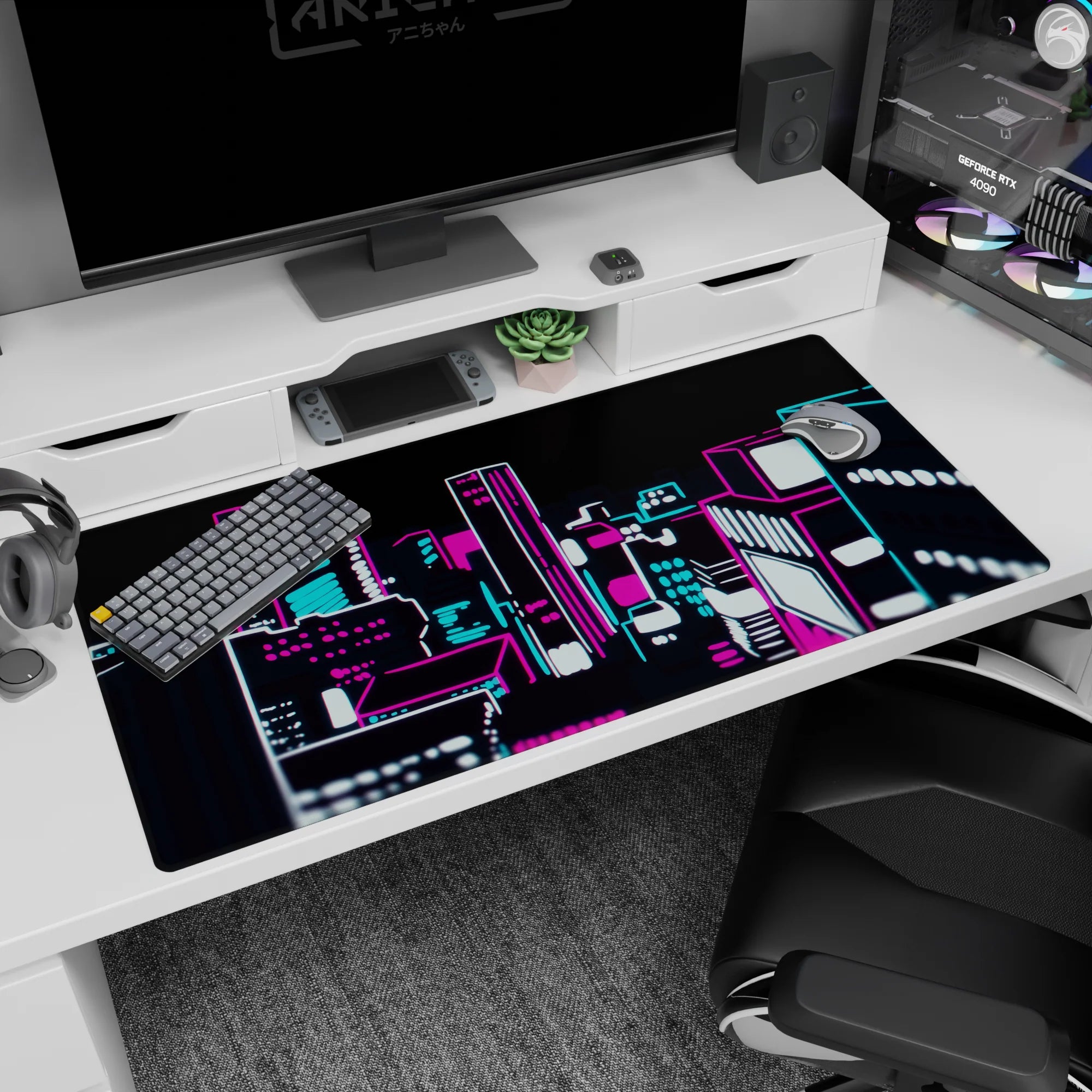 40x20 inches anime desk pad showing a neon-lit skyline at night, glowing towers and depth-of-field blur.