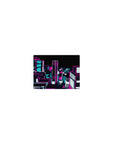 Classic anime mouse pad 14x10 inches with neon city skyline, chunky high-rises, crisp outlines, soft blur.