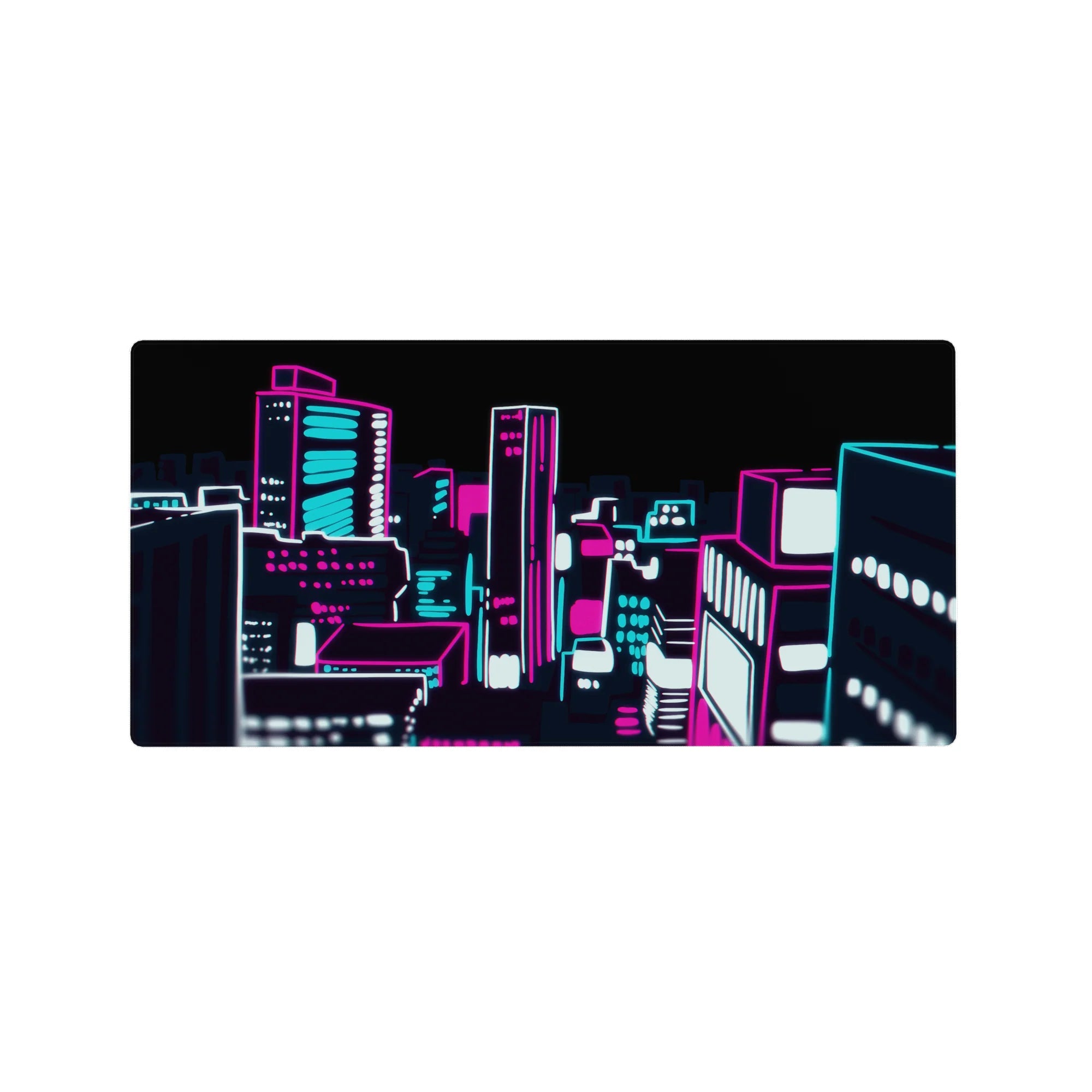 32x16 inches anime mouse pad with neon cyberpunk city skyline, chunky high-rises, crisp glowing outlines.