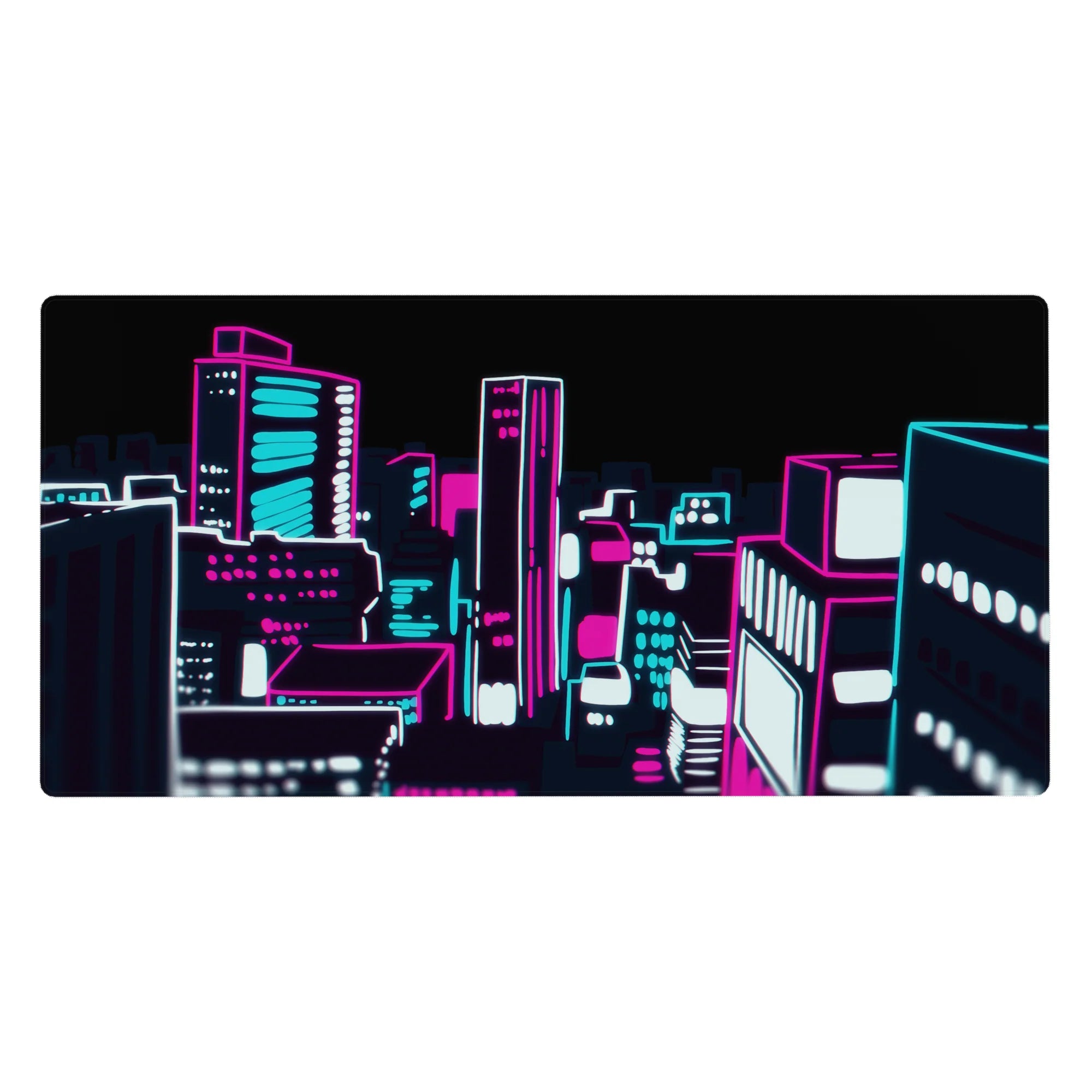 Anime desk pad 40x20 inches with neon city skyline, chunky high-rises, sharp outlines, soft anime blur.