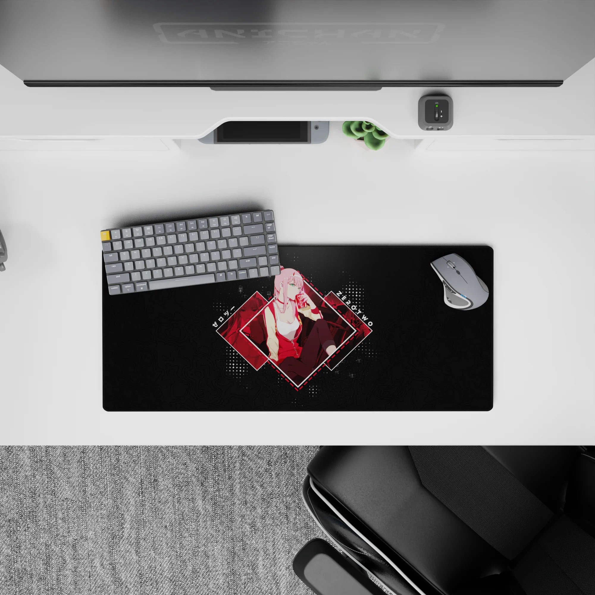 Anime mouse pad 28x12 inches featuring Zero Two from Darling in the Franxx with neon-lit reds and a dark map-textured background.