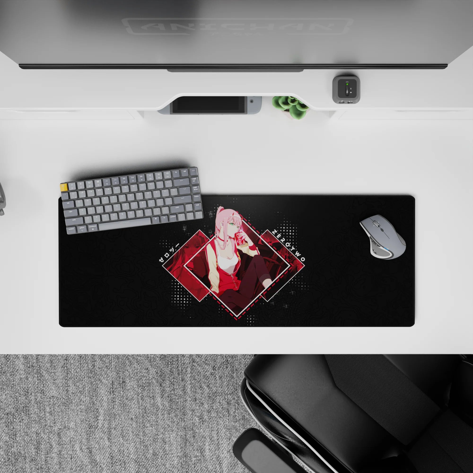 Anime mouse pad 32x12 inches featuring Zero Two from Darling in the Franxx, vibrant red tones, and map-textured background.