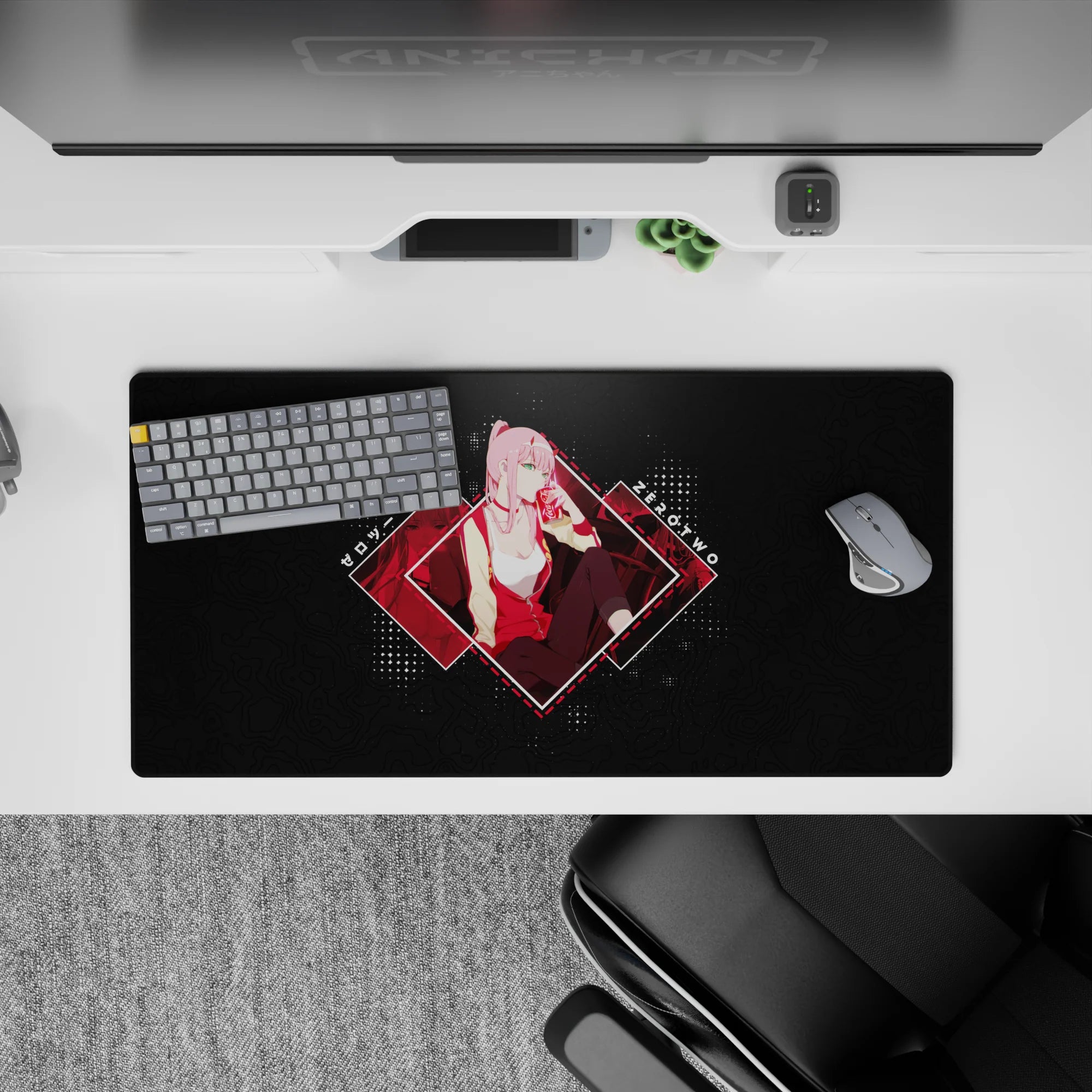 Anime mouse pad 32x16 inches featuring Zero Two from Darling in the Franxx, with neon-lit pop-art style and dark map background.