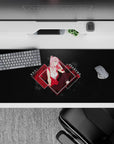 Anime mouse pad 36x16 inches featuring Zero Two from Darling in the Franxx, vibrant reds and pop-art design on a map-textured background.